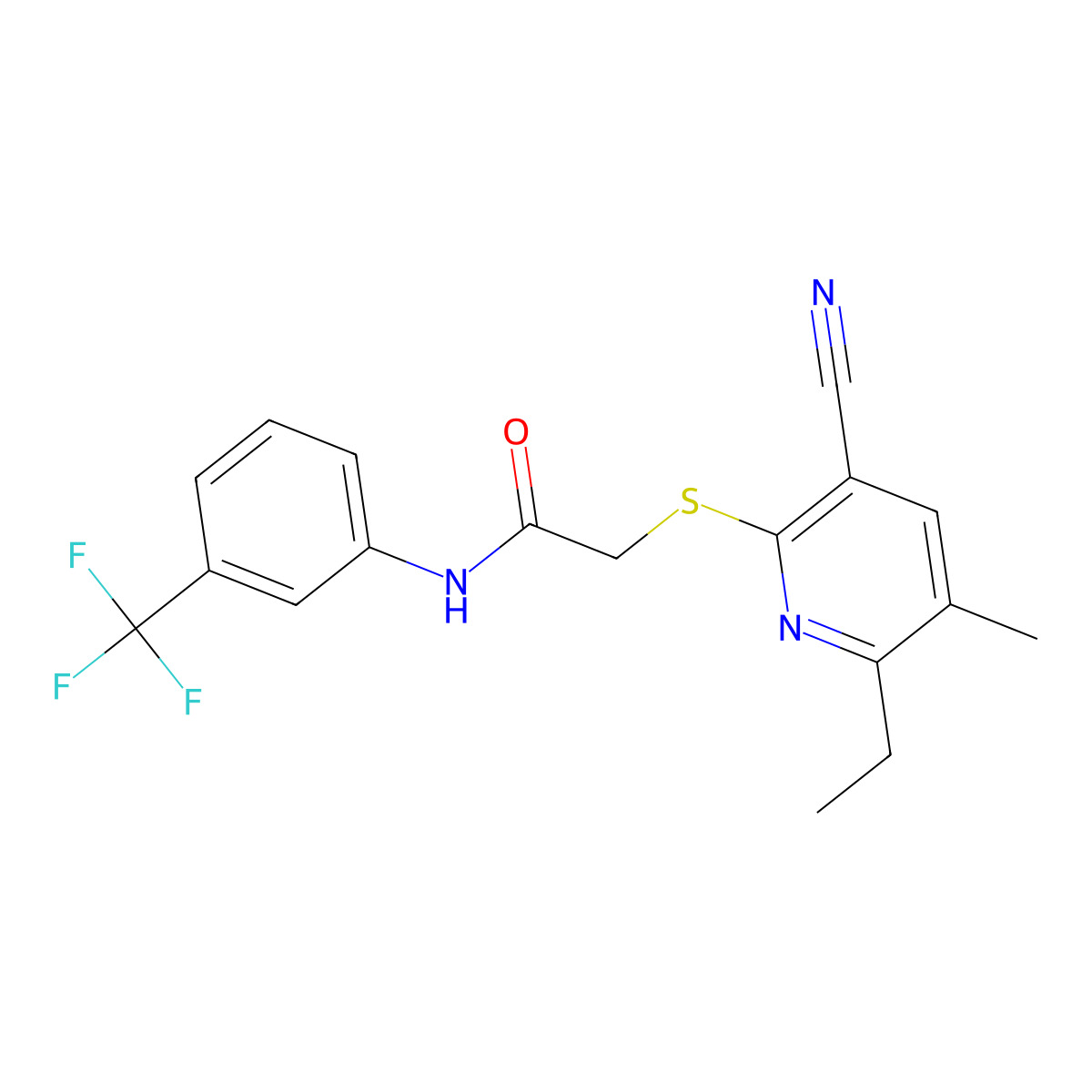 2-(3-cyano-6-ethyl-5-methylpyridin-2-yl)sulfanyl-N-[3-(trifluoromethyl)phenyl]acetamide molecular structure, CAS 313379-71-4