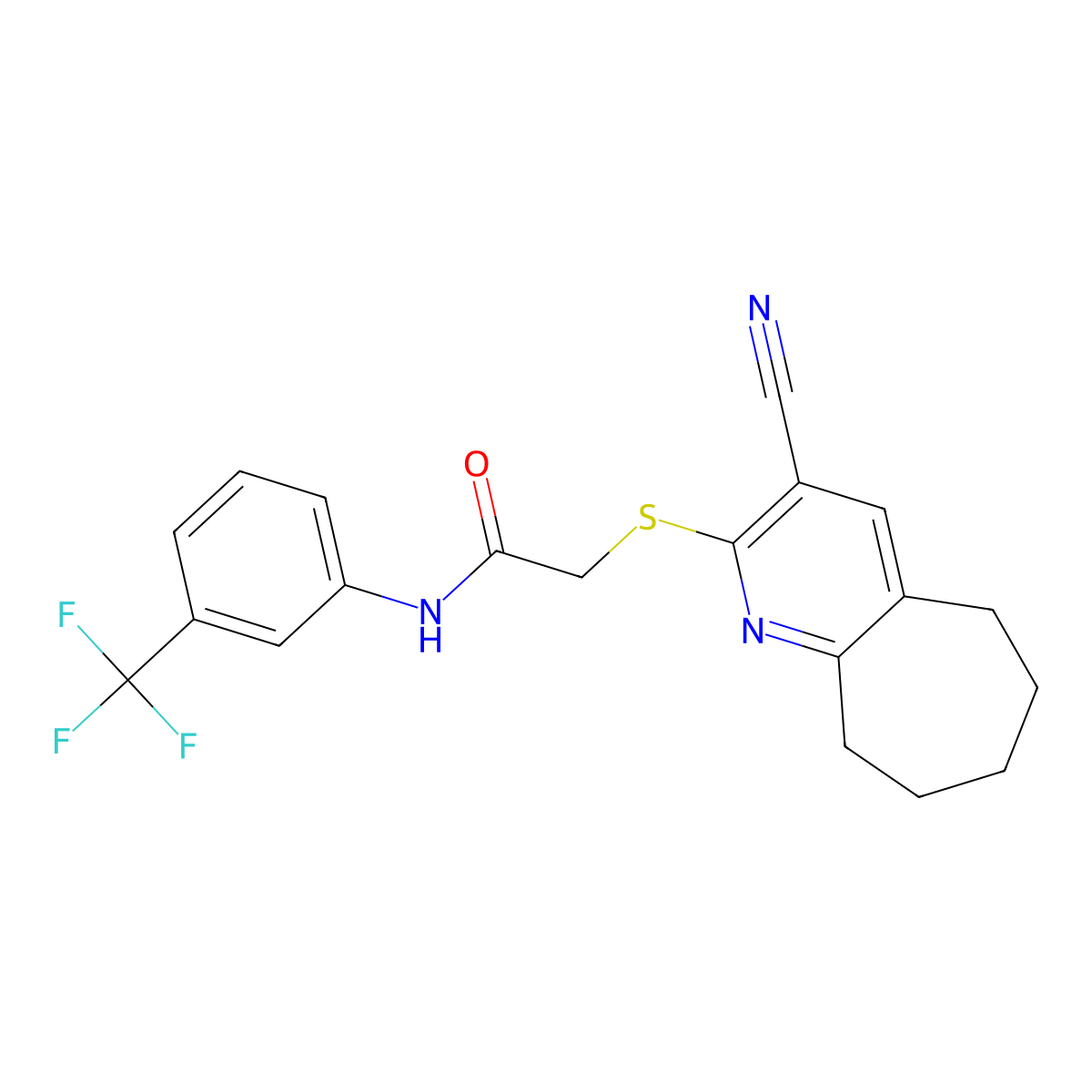 2-[(3-cyano-6,7,8,9-tetrahydro-5H-cyclohepta[b]pyridin-2-yl)sulfanyl]-N-[3-(trifluoromethyl)phenyl]acetamide molecular structure, CAS 313379-73-6