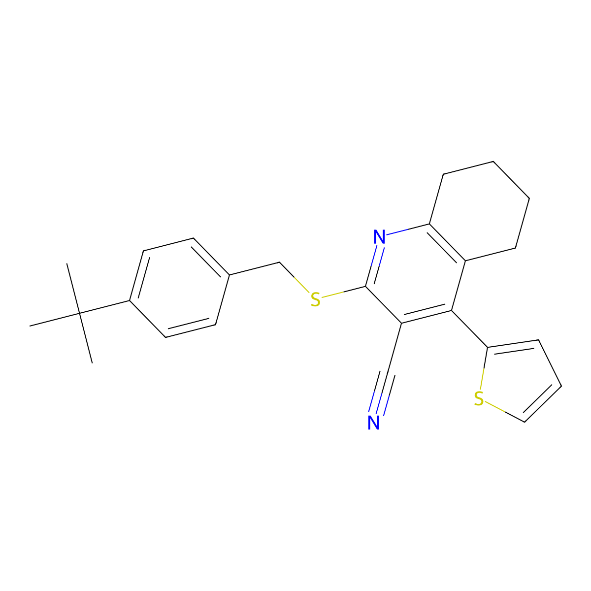 2-[(4-Tert-butylphenyl)methylsulfanyl]-4-thiophen-2-yl-5,6,7,8-tetrahydroquinoline-3-carbonitrile molecular structure, CAS 313379-84-9