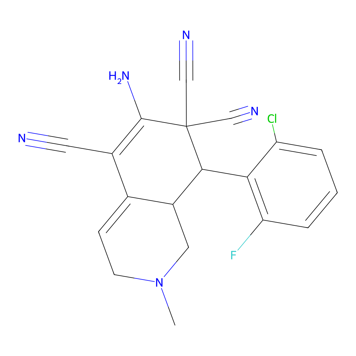 6-amino-8-(2-chloro-6-fluorophenyl)-2-methyl-2,3,8,8a-tetrahydroisoquinoline-5,7,7(1H)-tricarbonitrile molecular structure, CAS 313379-97-4