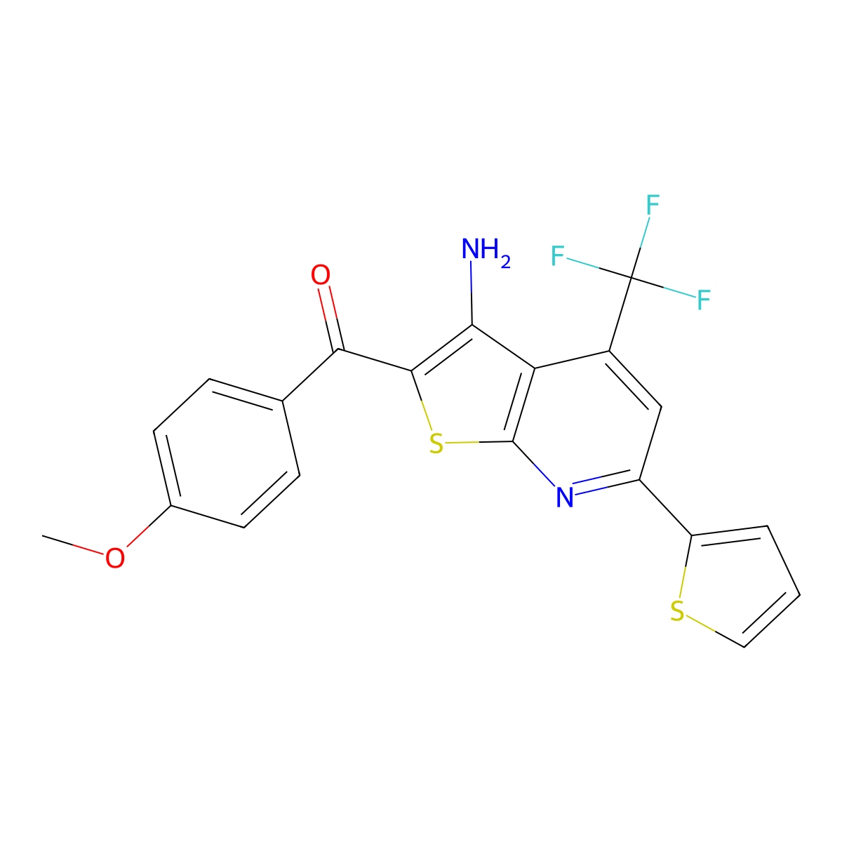 [3-Amino-6-thiophen-2-yl-4-(trifluoromethyl)thieno[2,3-b]pyridin-2-yl]-(4-methoxyphenyl)methanone molecular structure, CAS 313380-13-1
