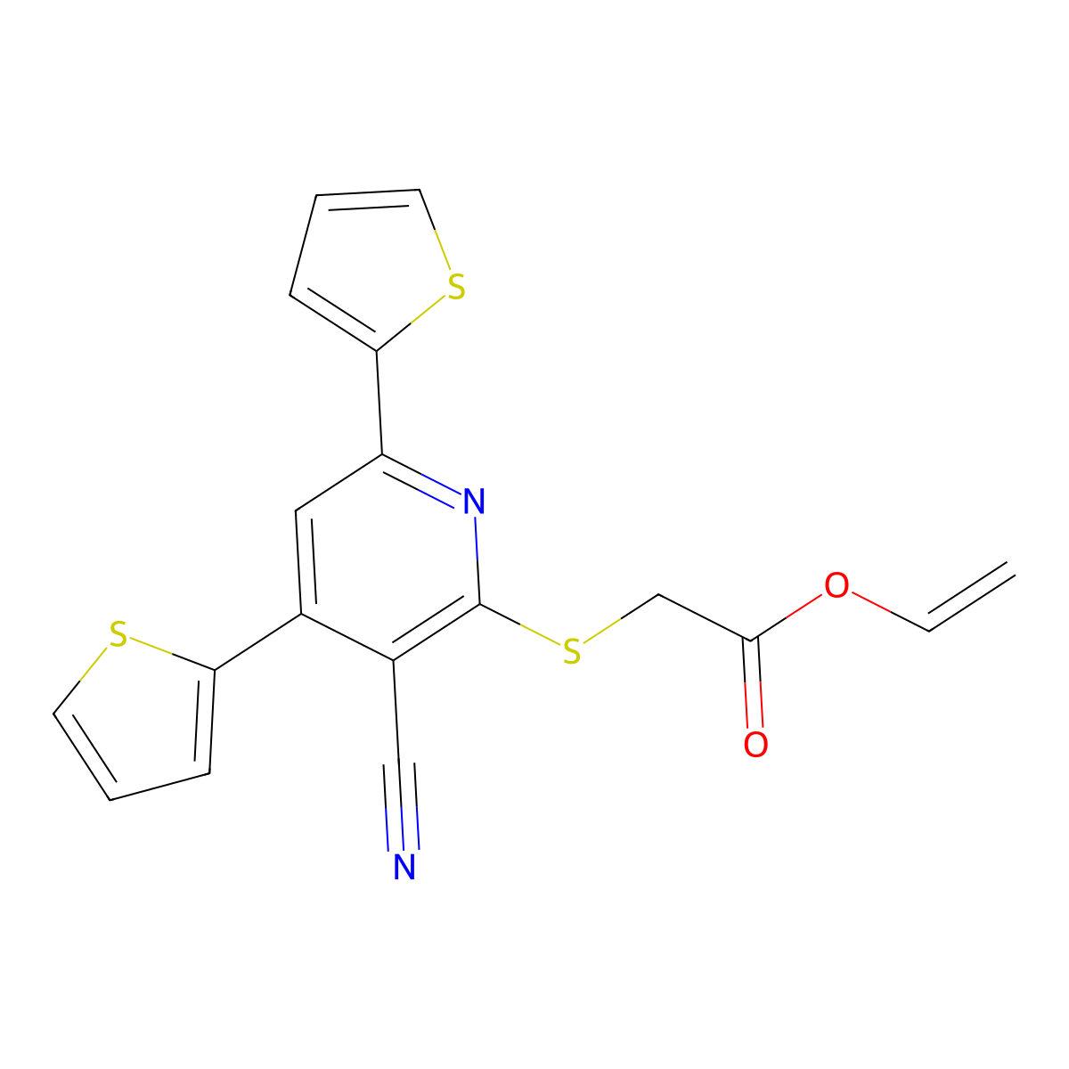 Vinyl 2-(3-cyano-4,6-di(2-thienyl)-2-pyridylthio)acetate molecular structure, CAS 313380-20-0