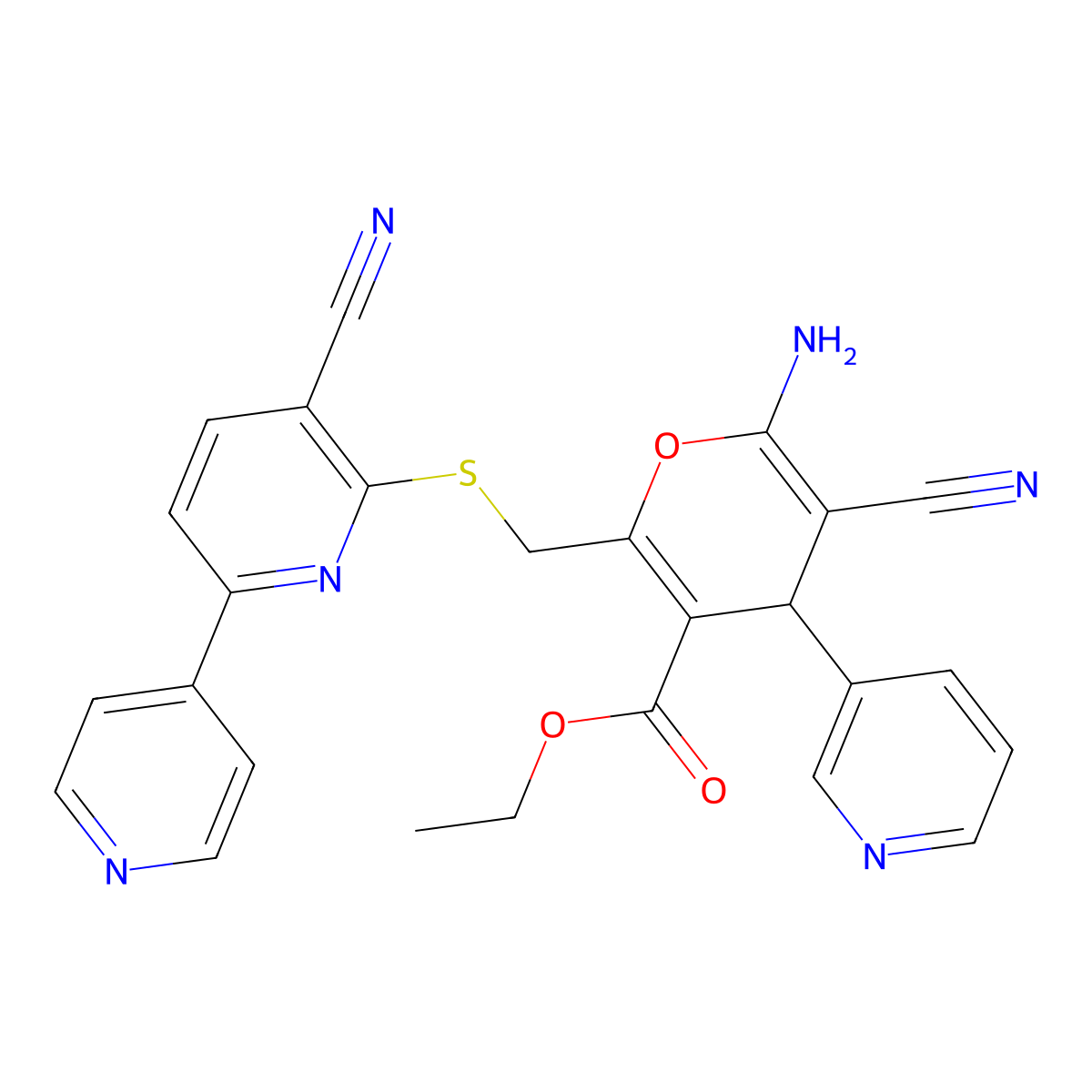 ethyl 6-amino-5-cyano-2-[(3-cyano-6-pyridin-4-ylpyridin-2-yl)sulfanylmethyl]-4-pyridin-3-yl-4H-pyran-3-carboxylate molecular structure, CAS 313380-23-3