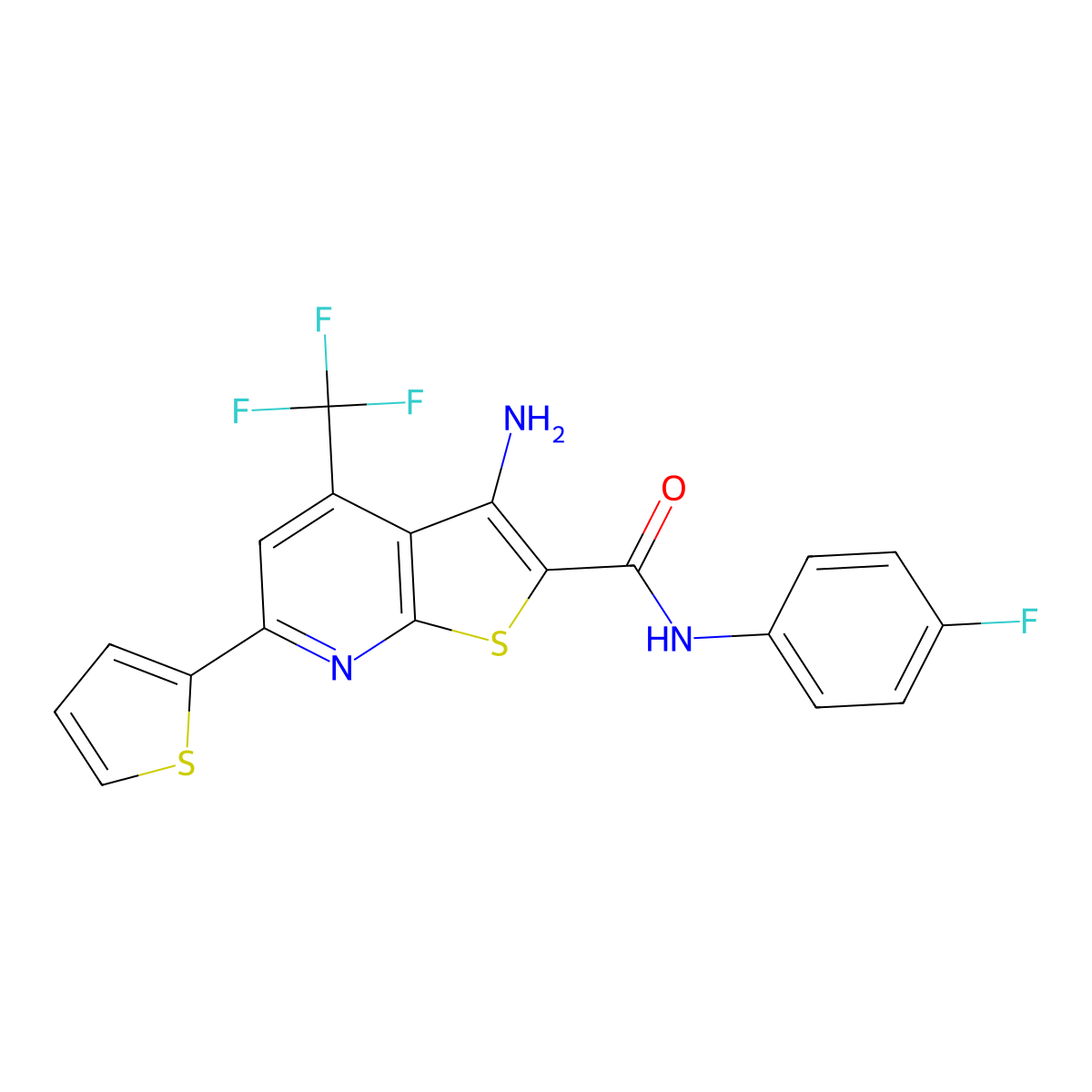 3-Amino-N-(4-fluorophenyl)-6-(2-thienyl)-4-(trifluoromethyl)thieno(2,3-B)pyridine-2-carboxamide molecular structure, CAS 313380-27-7