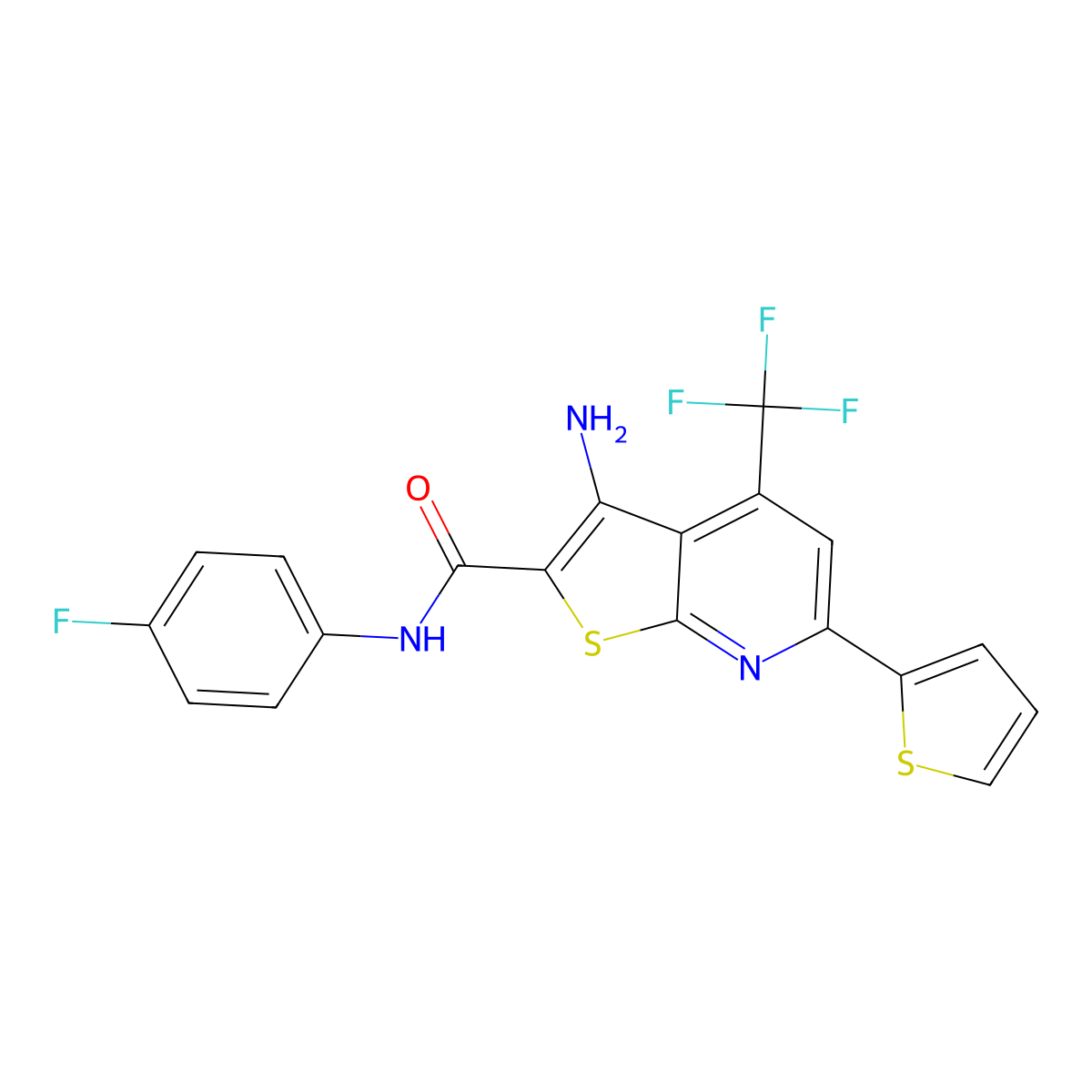 3-Amino-N-(4-fluorophenyl)-6-(2-thienyl)-4-(trifluoromethyl)thieno(2,3-B)pyridine-2-carboxamide molecular structure, CAS 313380-27-7