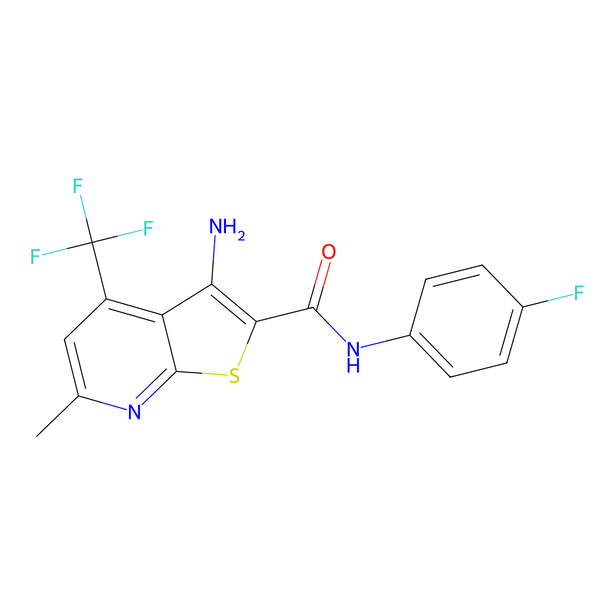 3-amino-N-(4-fluorophenyl)-6-methyl-4-(trifluoromethyl)thieno[2,3-b]pyridine-2-carboxamide molecular structure, CAS 313380-28-8