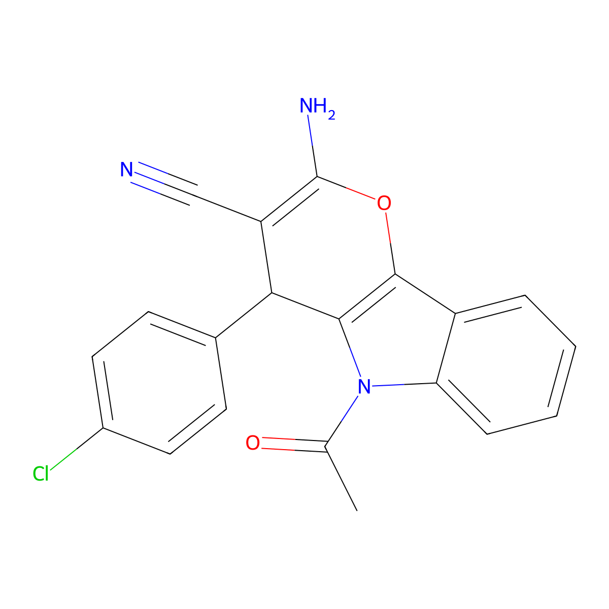 5-Acetyl-2-amino-4-(4-chlorophenyl)-4,5-dihydropyrano[3,2-b]indole-3-carbonitrile molecular structure, CAS 313380-41-5