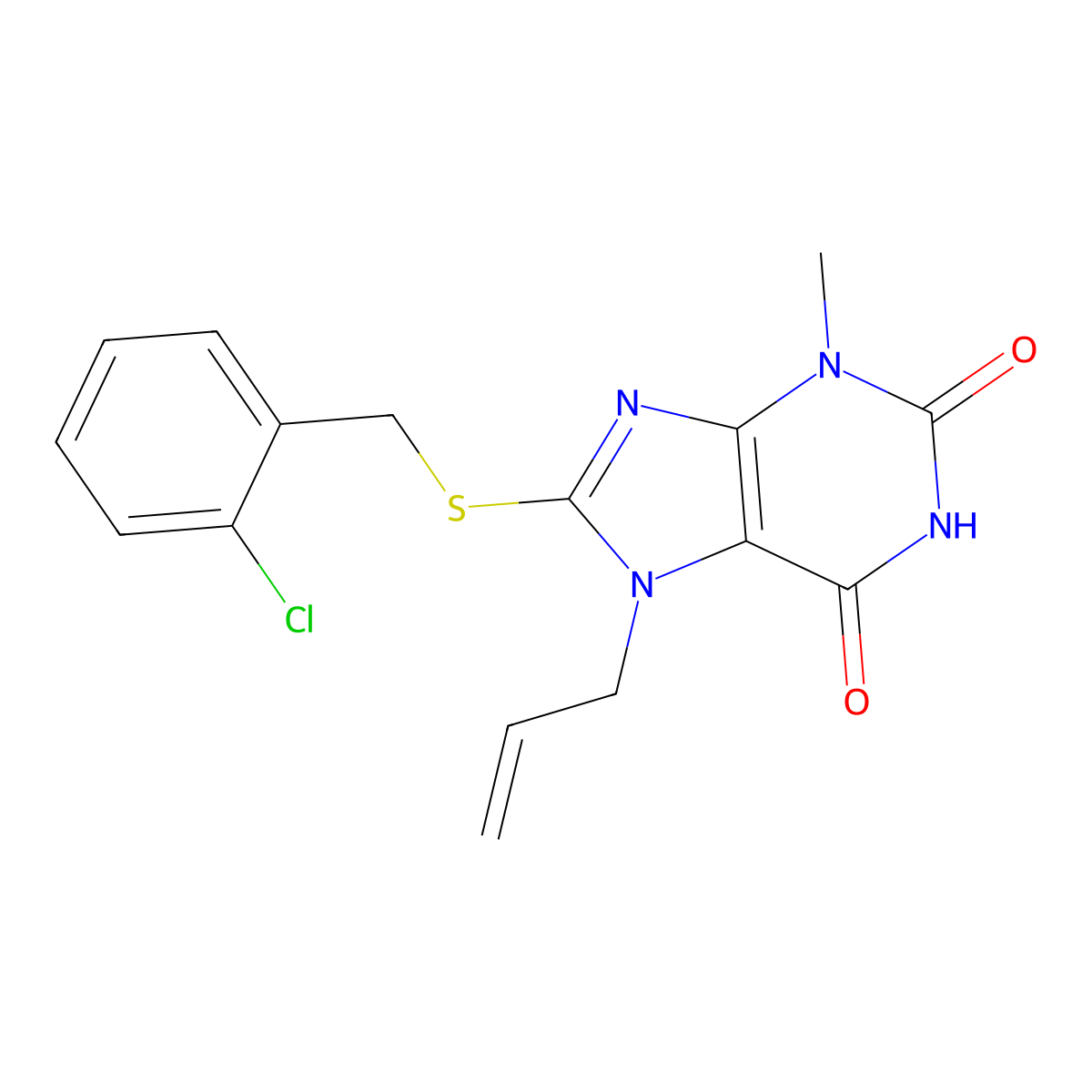 7-Allyl-8-(2-chloro-benzylsulfanyl)-3-methyl-3,7-dihydro-purine-2,6-dione molecular structure, CAS 313380-54-0