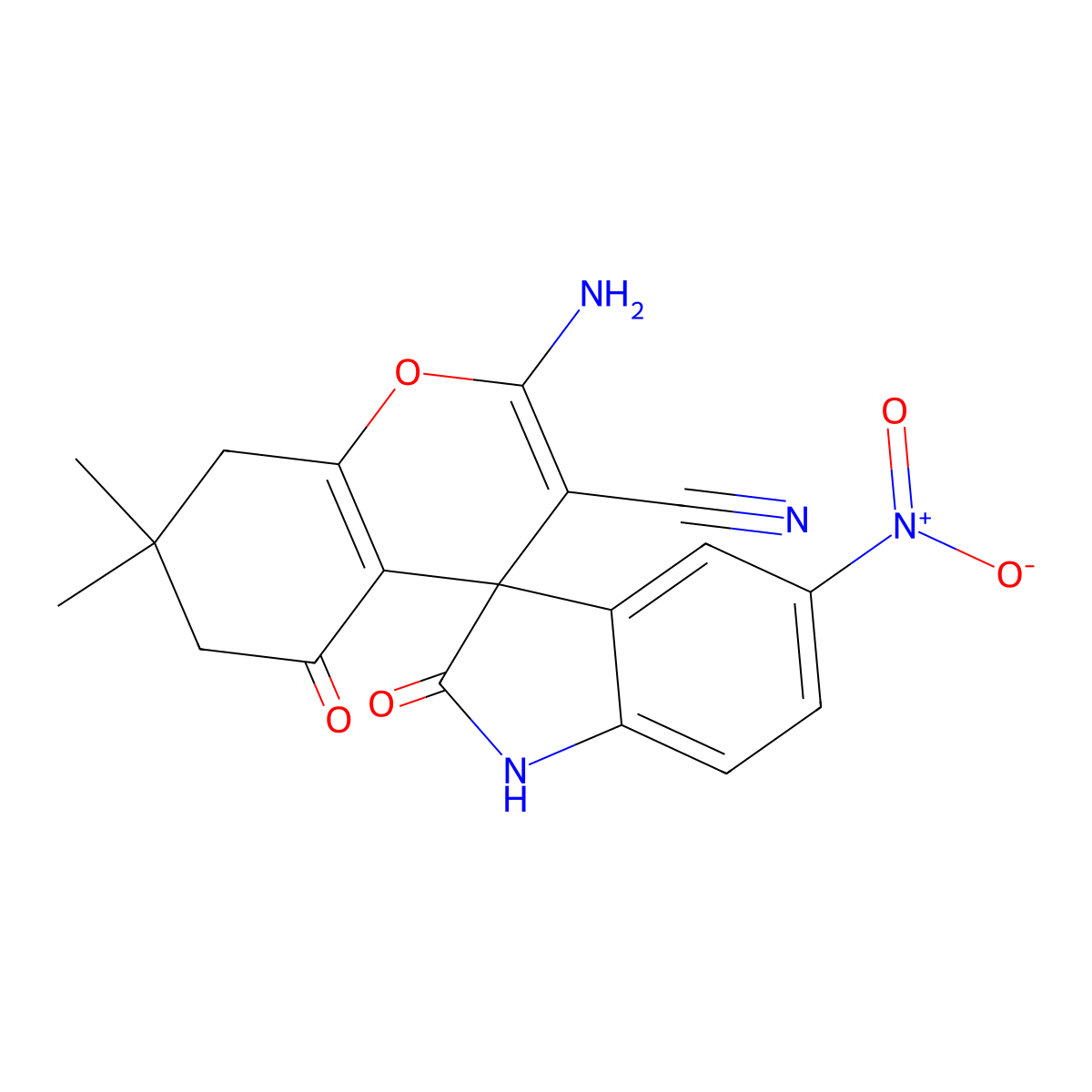 2-Amino-7,7-dimethyl-5'-nitro-2',5-dioxo-1',2',5,6,7,8-hexahydrospiro[chromene-4,3'-indole]-3-carbonitrile molecular structure, CAS 313381-52-1