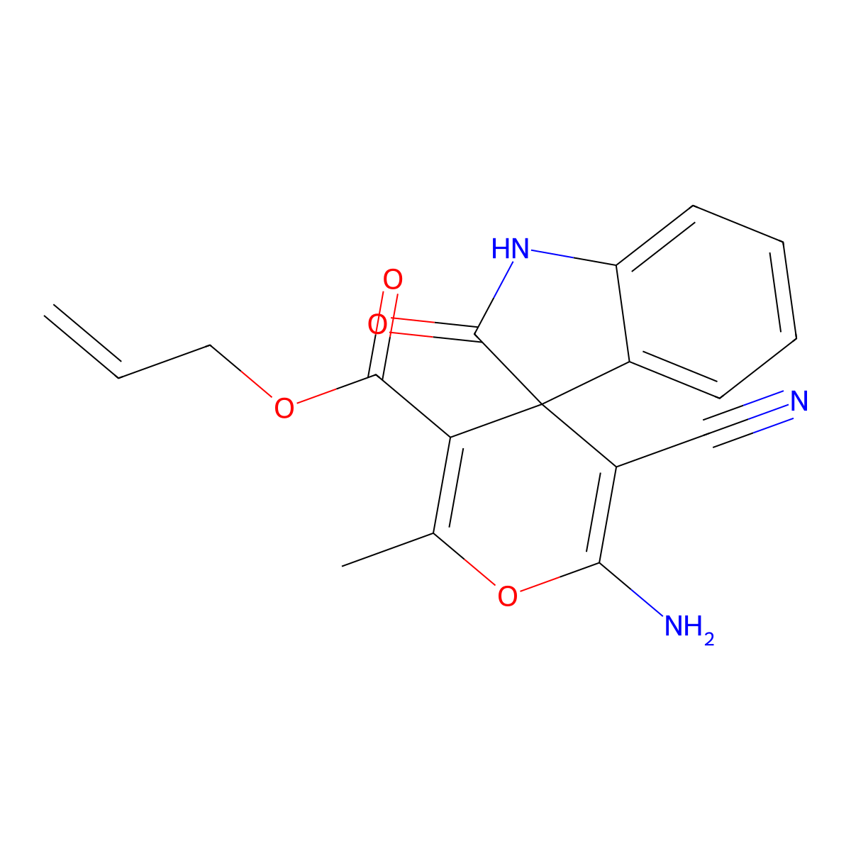 prop-2-enyl 6'-amino-5'-cyano-2'-methyl-2-oxospiro[1H-indole-3,4'-pyran]-3'-carboxylate molecular structure, CAS 313381-58-7