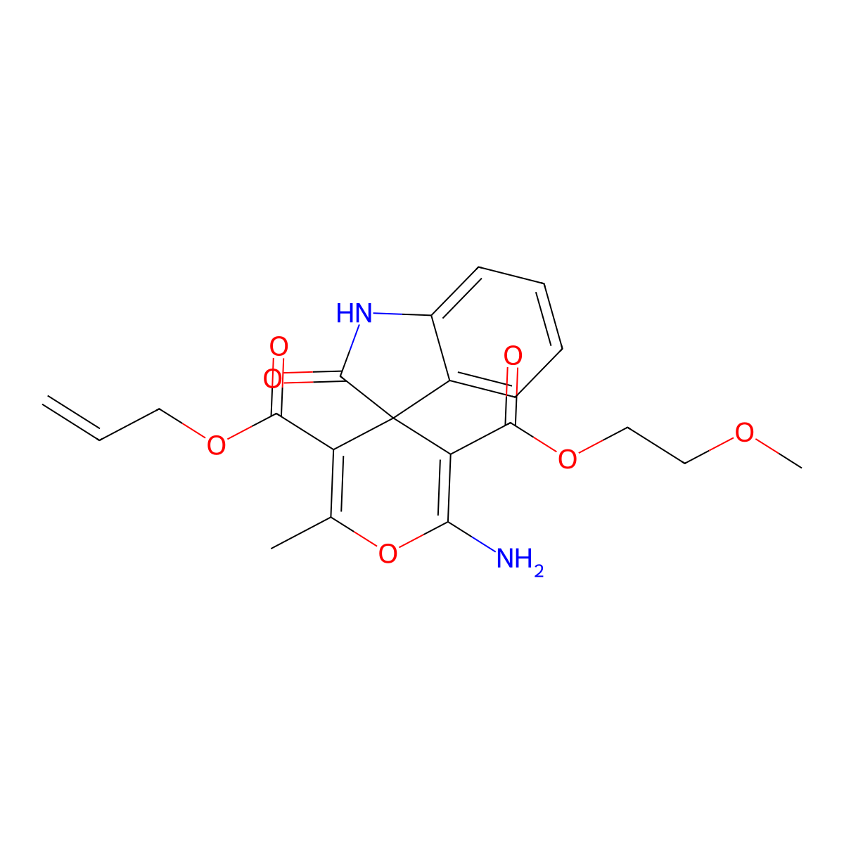 3-O'-(2-methoxyethyl) 5-O'-prop-2-enyl 2'-amino-6'-methyl-2-oxospiro[1H-indole-3,4'-pyran]-3',5'-dicarboxylate molecular structure, CAS 313381-60-1