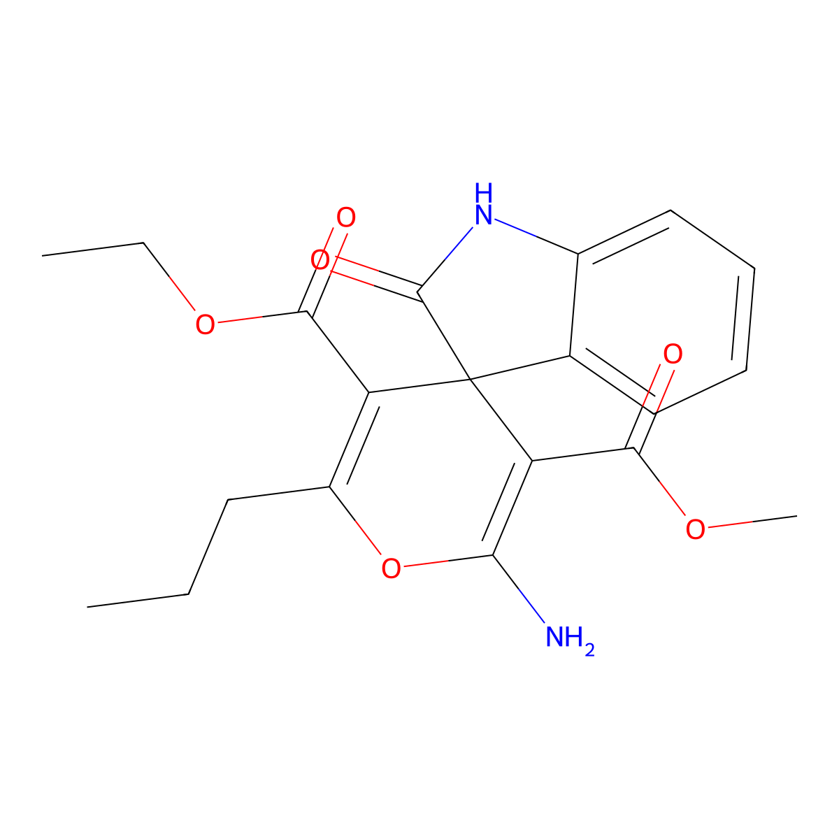5-O'-ethyl 3-O'-methyl 2'-amino-2-oxo-6'-propylspiro[1H-indole-3,4'-pyran]-3',5'-dicarboxylate molecular structure, CAS 313381-63-4
