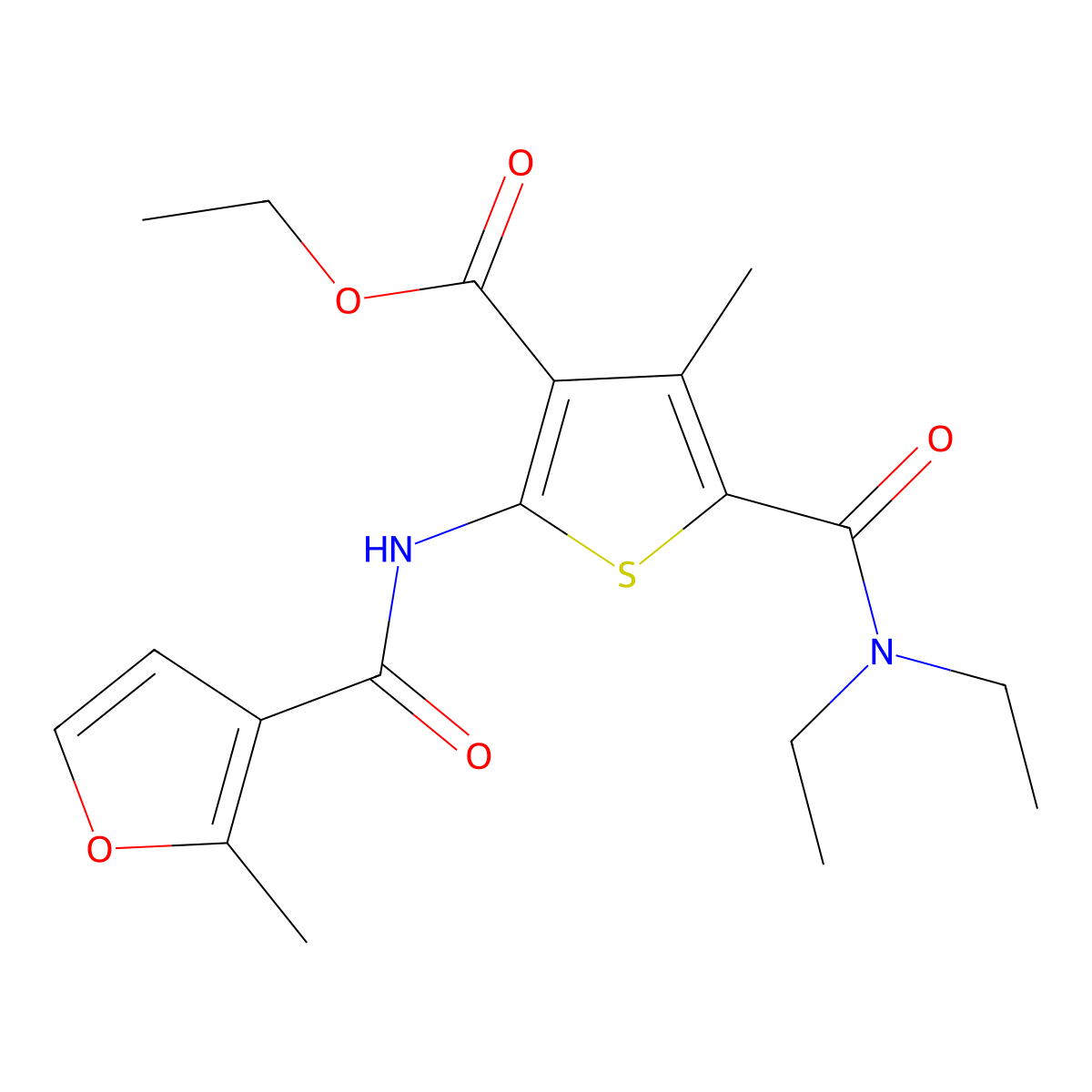 Ethyl 5-(diethylcarbamoyl)-4-methyl-2-[(2-methylfuran-3-carbonyl)amino]thiophene-3-carboxylate molecular structure, CAS 313386-15-1