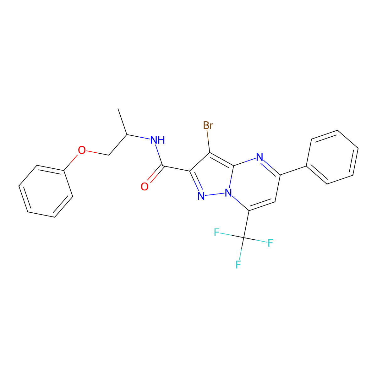 3-bromo-N-(1-phenoxypropan-2-yl)-5-phenyl-7-(trifluoromethyl)pyrazolo[1,5-a]pyrimidine-2-carboxamide molecular structure, CAS 313387-29-0