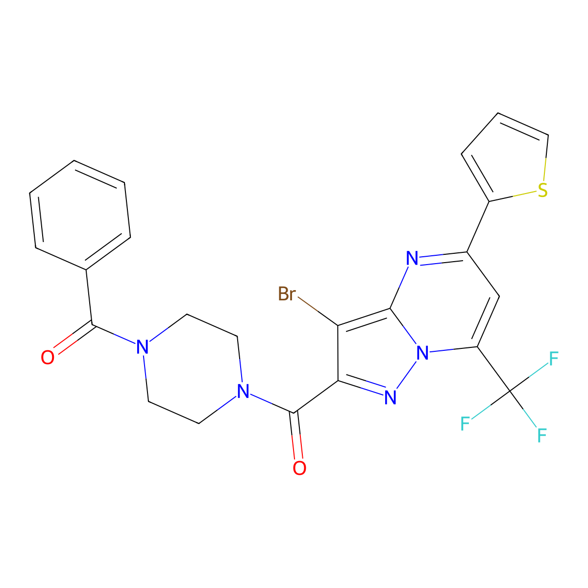 [4-[3-Bromo-5-thiophen-2-yl-7-(trifluoromethyl)pyrazolo[1,5-a]pyrimidine-2-carbonyl]piperazin-1-yl]-phenylmethanone molecular structure, CAS 313387-32-5
