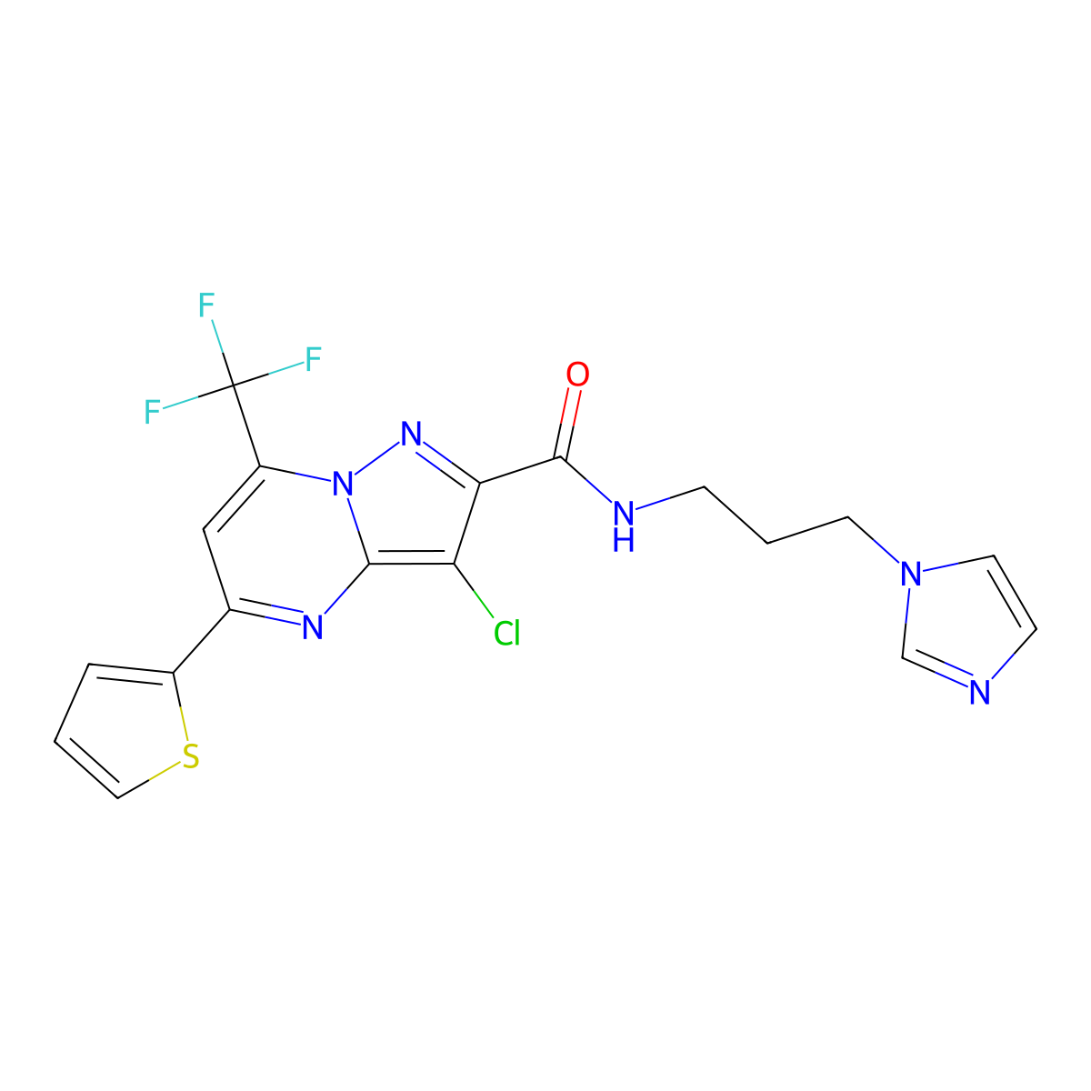 3-chloro-N-(3-imidazol-1-ylpropyl)-5-thiophen-2-yl-7-(trifluoromethyl)pyrazolo[1,5-a]pyrimidine-2-carboxamide molecular structure, CAS 313387-40-5
