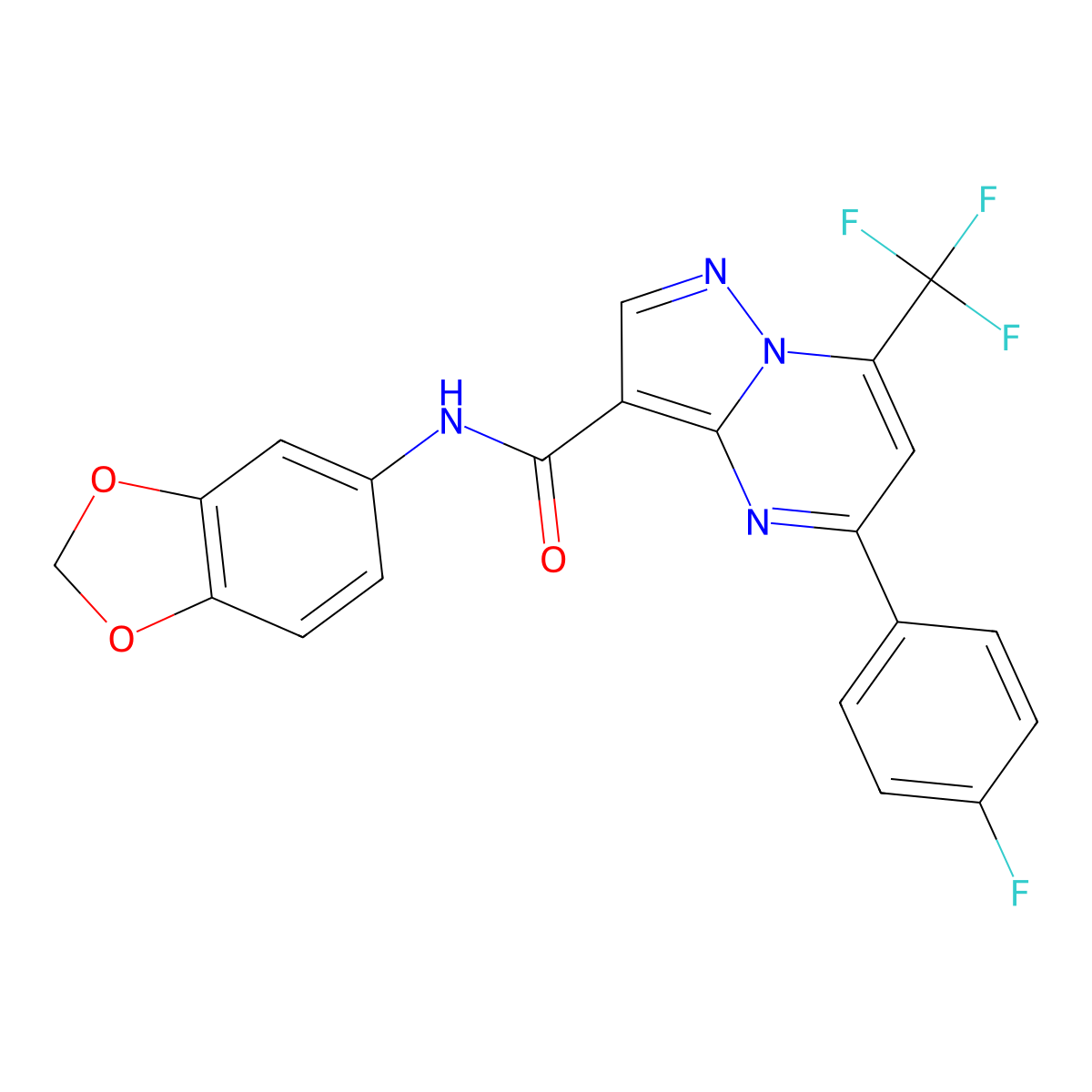 N-(1,3-benzodioxol-5-yl)-5-(4-fluorophenyl)-7-(trifluoromethyl)pyrazolo[1,5-a]pyrimidine-3-carboxamide molecular structure, CAS 313388-11-3