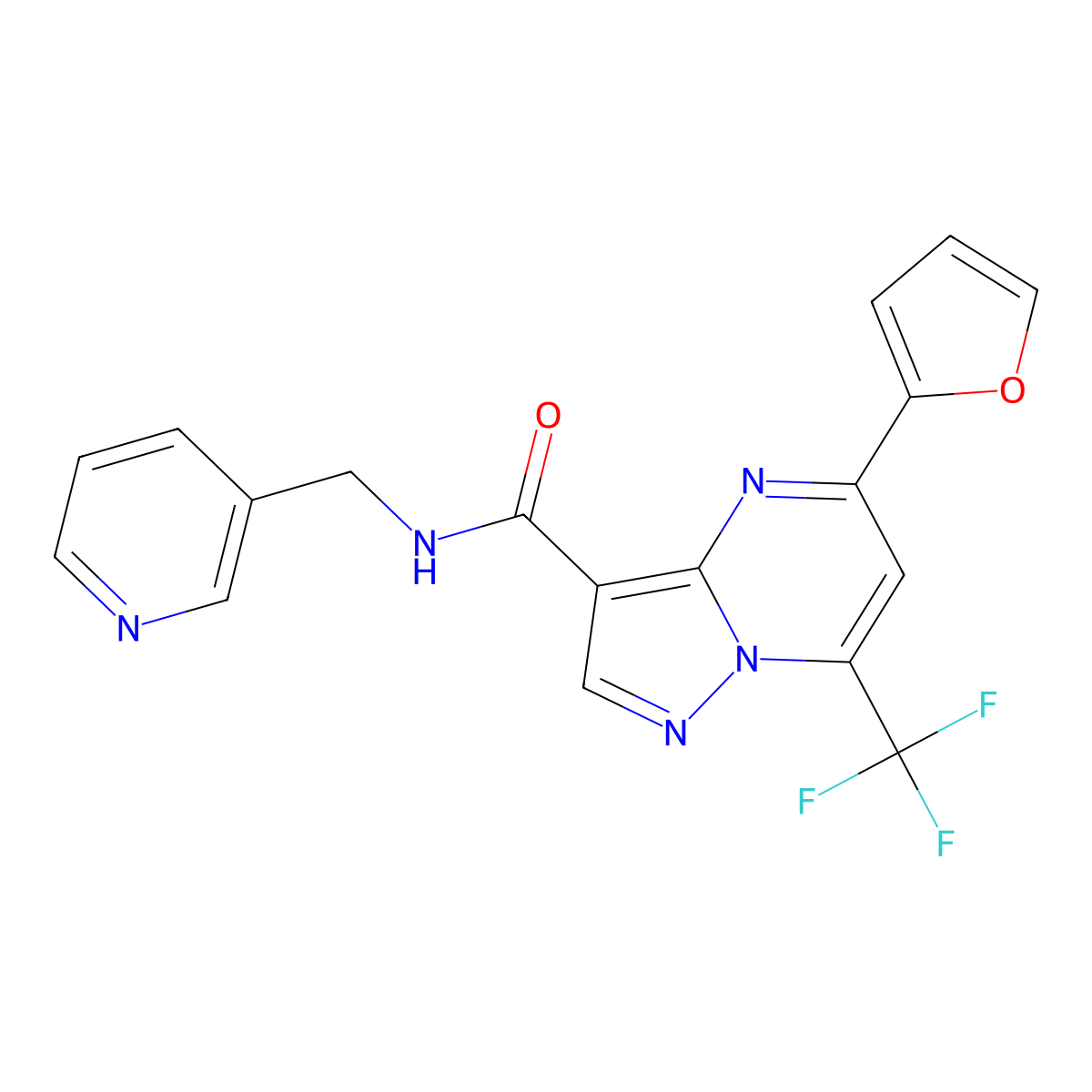 5-(furan-2-yl)-N-(pyridin-3-ylmethyl)-7-(trifluoromethyl)pyrazolo[1,5-a]pyrimidine-3-carboxamide molecular structure, CAS 313388-62-4
