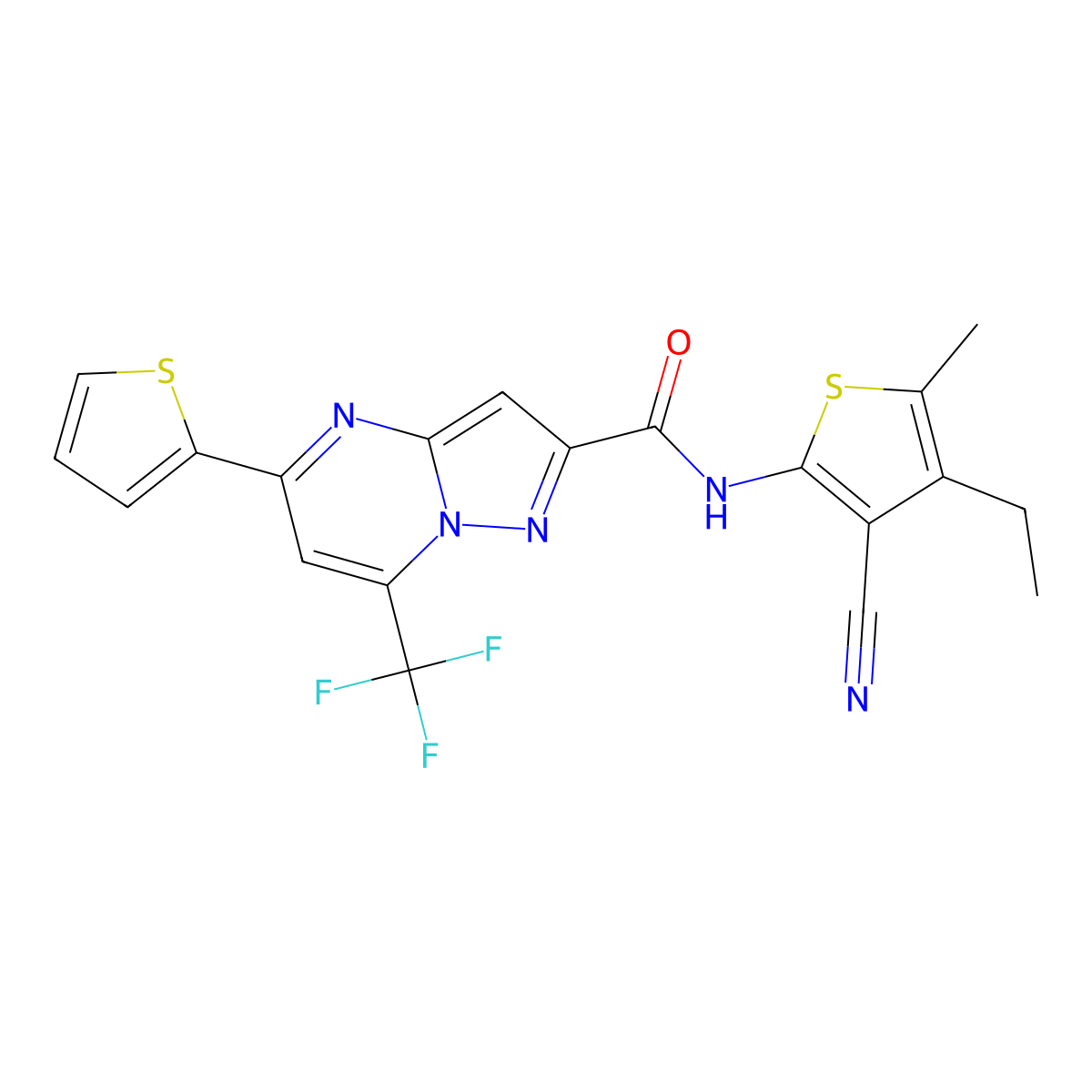 N-(3-cyano-4-ethyl-5-methylthiophen-2-yl)-5-thiophen-2-yl-7-(trifluoromethyl)pyrazolo[1,5-a]pyrimidine-2-carboxamide molecular structure, CAS 313388-72-6