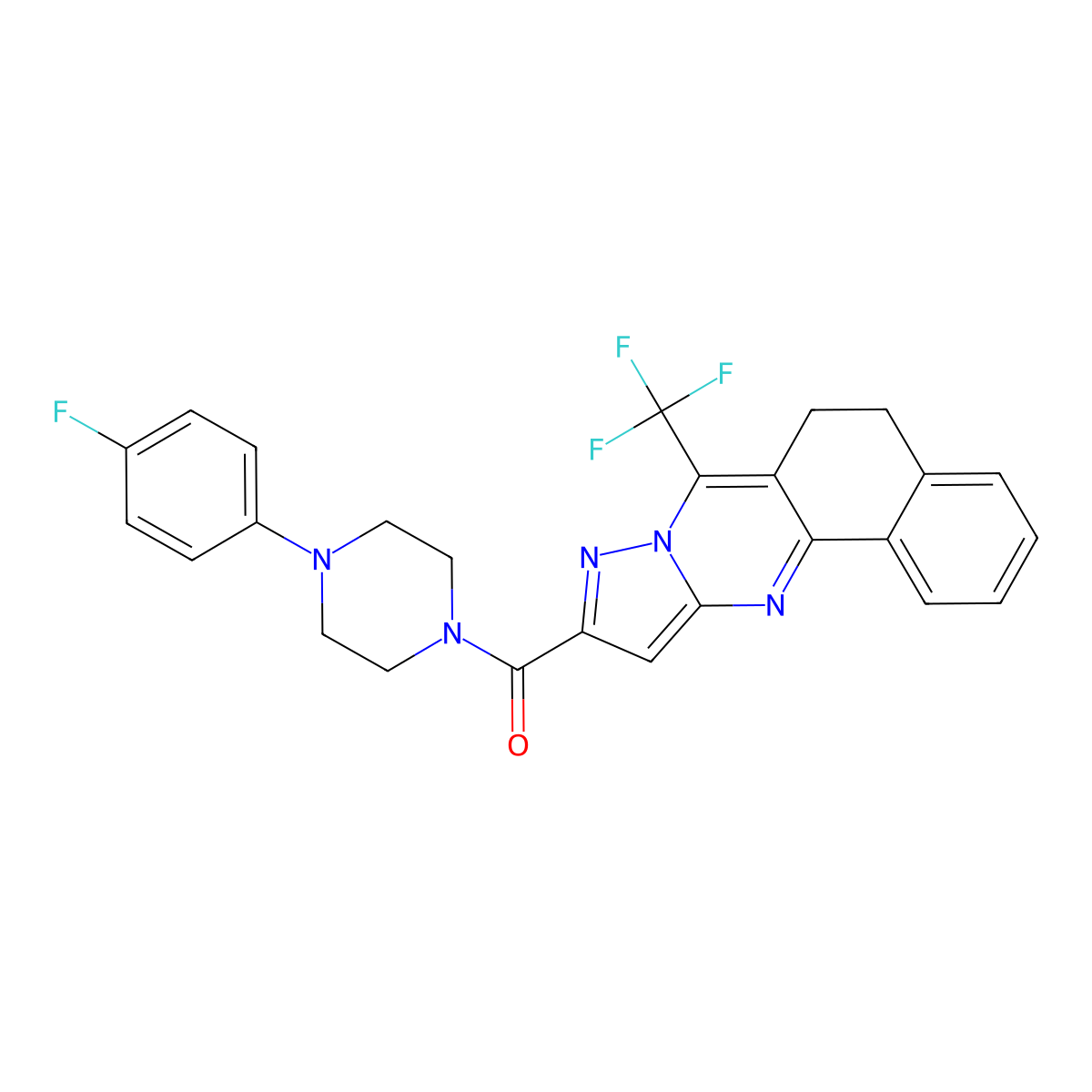 (4-(4-Fluorophenyl)piperazin-1-yl)(7-(trifluoromethyl)-5,6-dihydrobenzo[h]pyrazolo[5,1-b]quinazolin-10-yl)methanone molecular structure, CAS 313389-84-3