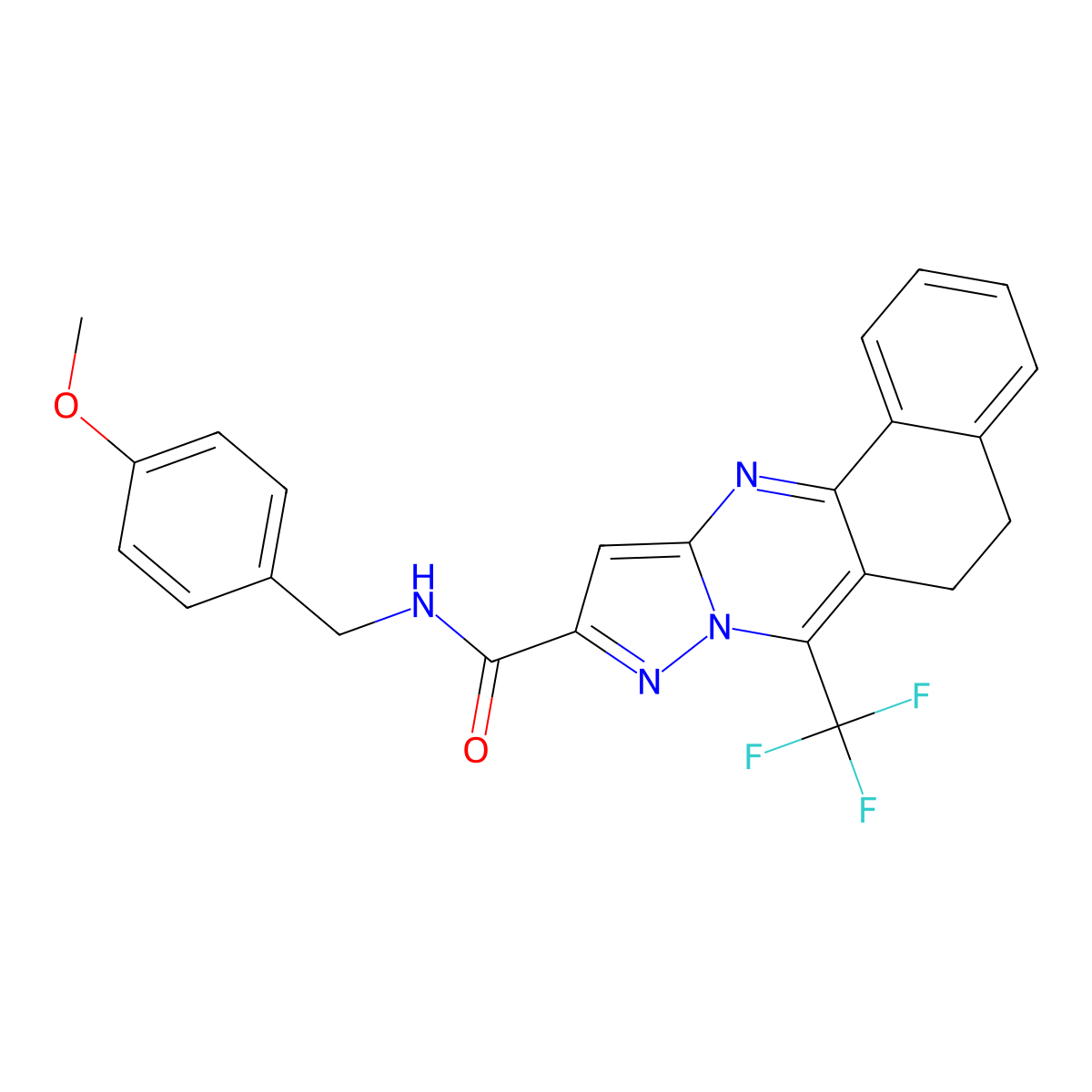 N-(4-methoxybenzyl)-7-(trifluoromethyl)-5,6-dihydrobenzo[h]pyrazolo[5,1-b]quinazoline-10-carboxamide molecular structure, CAS 313389-89-8
