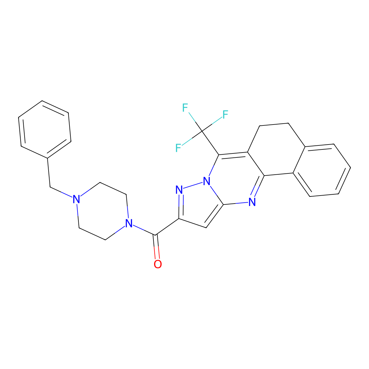 (4-Benzylpiperazin-1-yl)(7-(trifluoromethyl)-5,6-dihydrobenzo[h]pyrazolo[5,1-b]quinazolin-10-yl)methanone molecular structure, CAS 313389-95-6