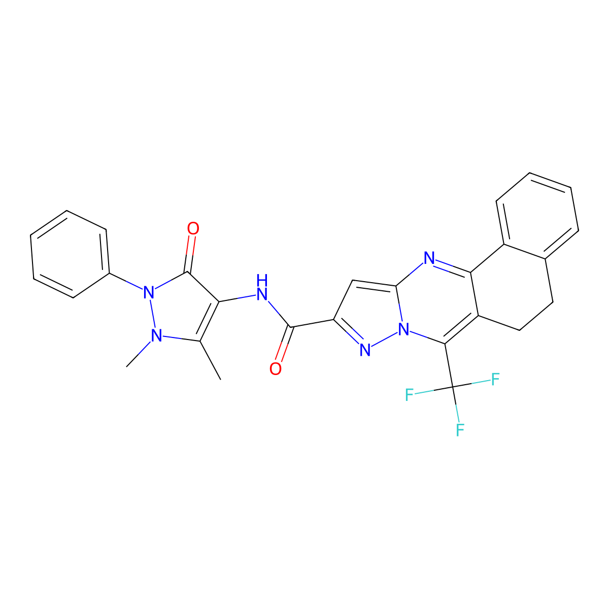 N-(1,5-dimethyl-3-oxo-2-phenyl-2,3-dihydro-1H-pyrazol-4-yl)-7-(trifluoromethyl)-5,6-dihydrobenzo[h]pyrazolo[5,1-b]quinazoline-10-carboxamide molecular structure, CAS 313389-96-7