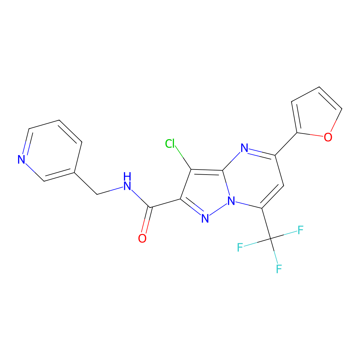 3-chloro-5-(furan-2-yl)-N-(pyridin-3-ylmethyl)-7-(trifluoromethyl)pyrazolo[1,5-a]pyrimidine-2-carboxamide molecular structure, CAS 313390-01-1