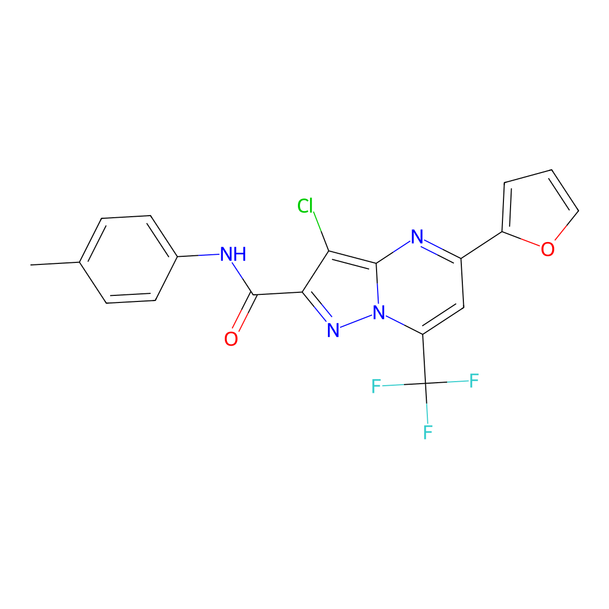 3-chloro-5-(furan-2-yl)-N-(4-methylphenyl)-7-(trifluoromethyl)pyrazolo[1,5-a]pyrimidine-2-carboxamide molecular structure, CAS 313390-08-8