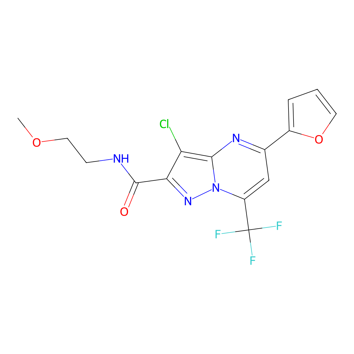 3-chloro-5-(furan-2-yl)-N-(2-methoxyethyl)-7-(trifluoromethyl)pyrazolo[1,5-a]pyrimidine-2-carboxamide molecular structure, CAS 313390-52-2
