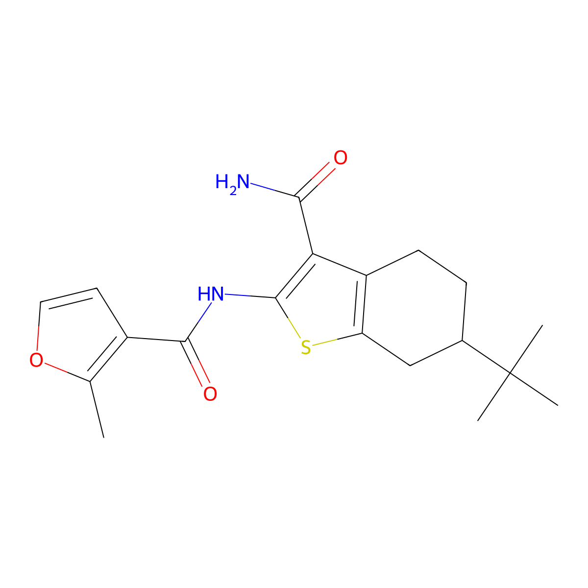 N-(6-tert-butyl-3-carbamoyl-4,5,6,7-tetrahydro-1-benzothiophen-2-yl)-2-methylfuran-3-carboxamide molecular structure, CAS 313392-46-0