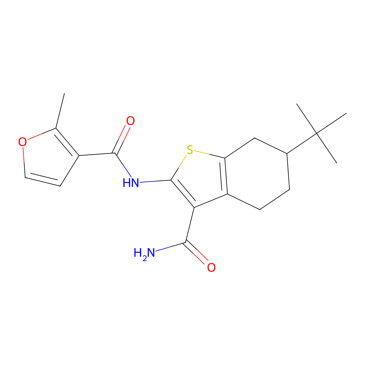 N-(6-tert-butyl-3-carbamoyl-4,5,6,7-tetrahydro-1-benzothiophen-2-yl)-2-methylfuran-3-carboxamide molecular structure, CAS 313392-46-0