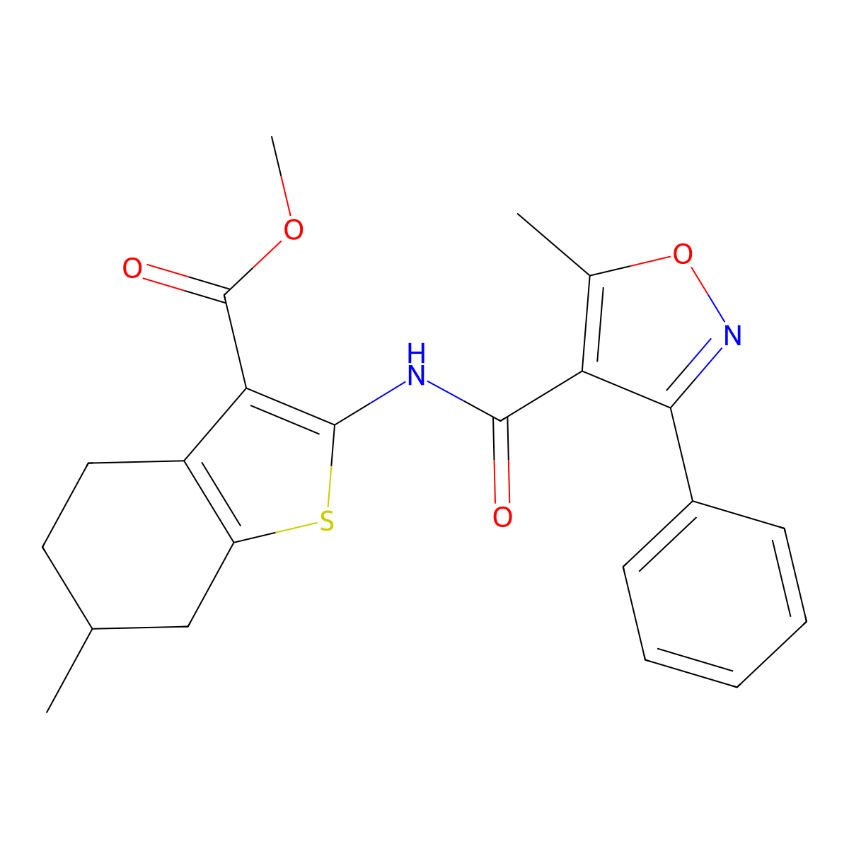 Methyl 6-methyl-2-[(5-methyl-3-phenyl-1,2-oxazole-4-carbonyl)amino]-4,5,6,7-tetrahydro-1-benzothiophene-3-carboxylate molecular structure, CAS 313392-58-4