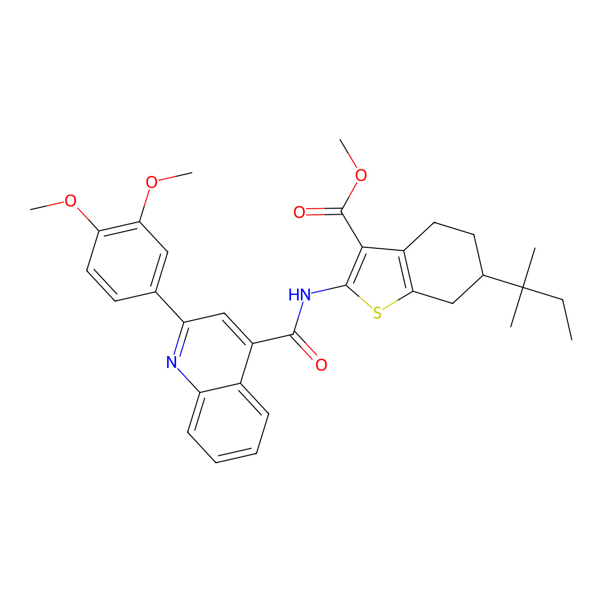 Methyl 2-({[2-(3,4-dimethoxyphenyl)-4-quinolinyl]carbonyl}amino)-6-tert-pentyl-4,5,6,7-tetrahydro-1-benzothiophene-3-carboxylate molecular structure, CAS 313392-59-5