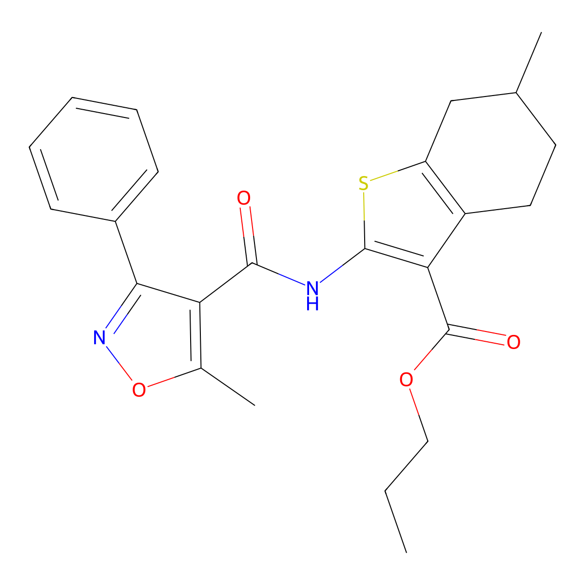 Propyl 6-methyl-2-[(5-methyl-3-phenyl-1,2-oxazole-4-carbonyl)amino]-4,5,6,7-tetrahydro-1-benzothiophene-3-carboxylate molecular structure, CAS 313393-29-2