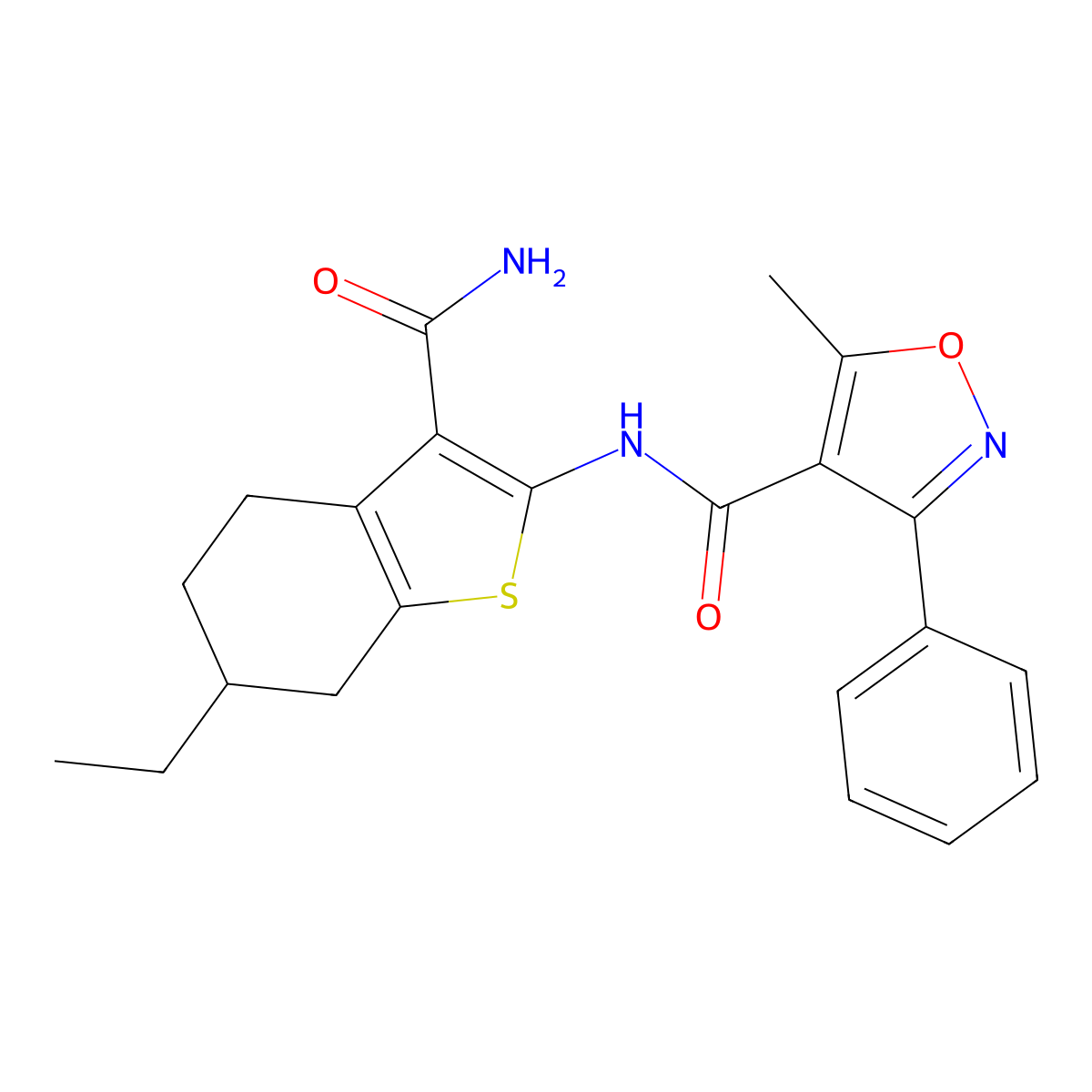 N-(3-carbamoyl-6-ethyl-4,5,6,7-tetrahydro-1-benzothiophen-2-yl)-5-methyl-3-phenyl-1,2-oxazole-4-carboxamide molecular structure, CAS 313393-52-1