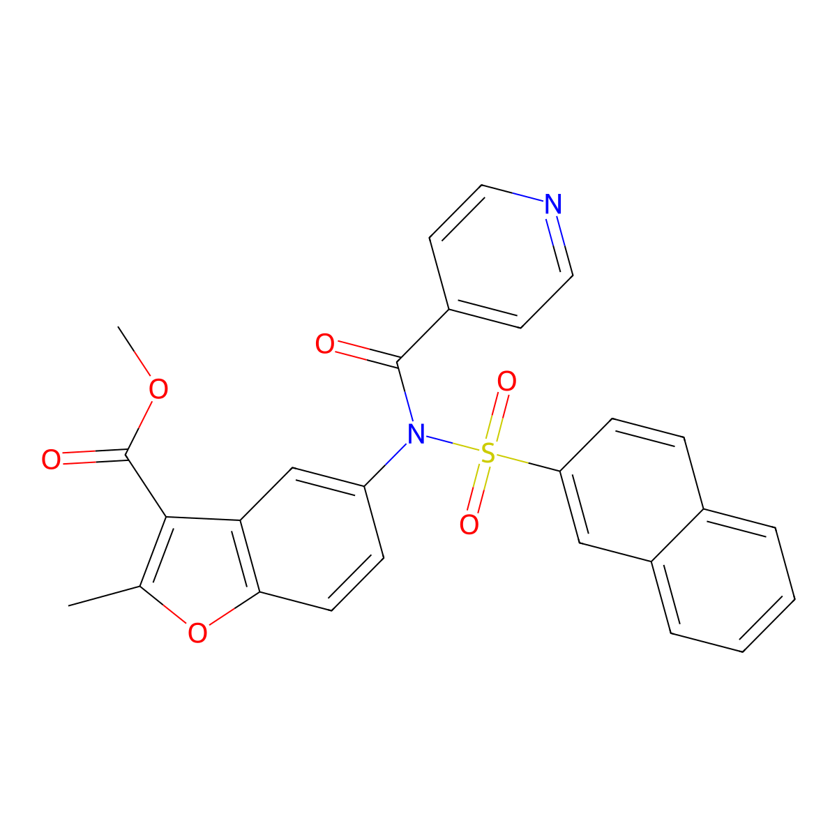 Methyl 2-methyl-5-[naphthalen-2-ylsulfonyl(pyridine-4-carbonyl)amino]-1-benzofuran-3-carboxylate molecular structure, CAS 313394-01-3