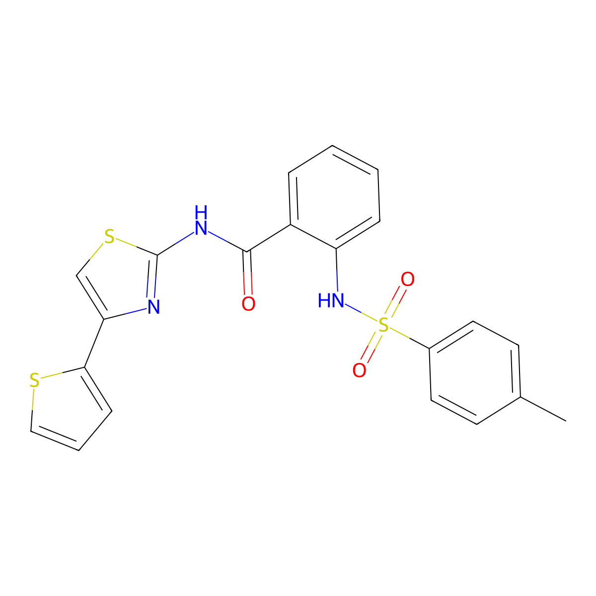 2-[(4-methylphenyl)sulfonylamino]-N-(4-thiophen-2-yl-1,3-thiazol-2-yl)benzamide molecular structure, CAS 313395-56-1