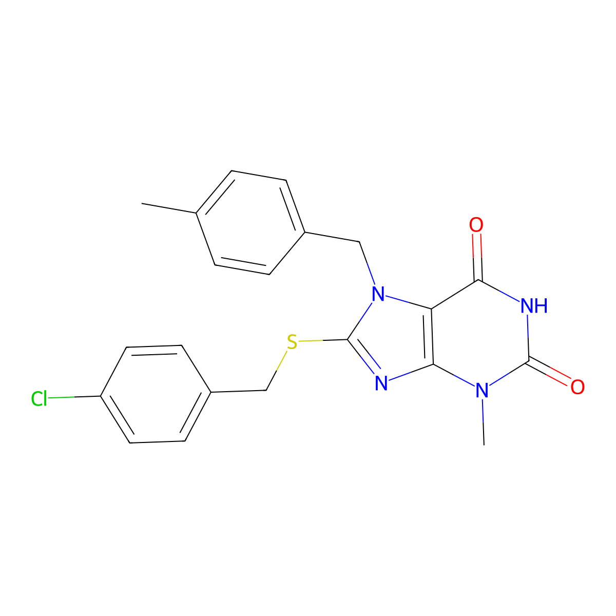 8-((4-chlorobenzyl)thio)-3-methyl-7-(4-methylbenzyl)-1H-purine-2,6(3H,7H)-dione molecular structure, CAS 313395-99-2