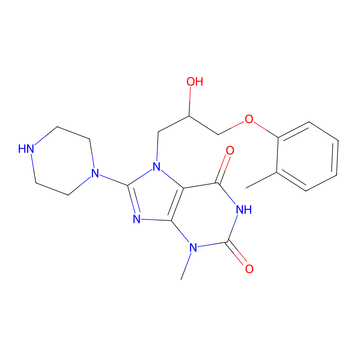 7-(2-hydroxy-3-(o-tolyloxy)propyl)-3-methyl-8-(piperazin-1-yl)-1H-purine-2,6(3H,7H)-dione molecular structure, CAS 313396-00-8