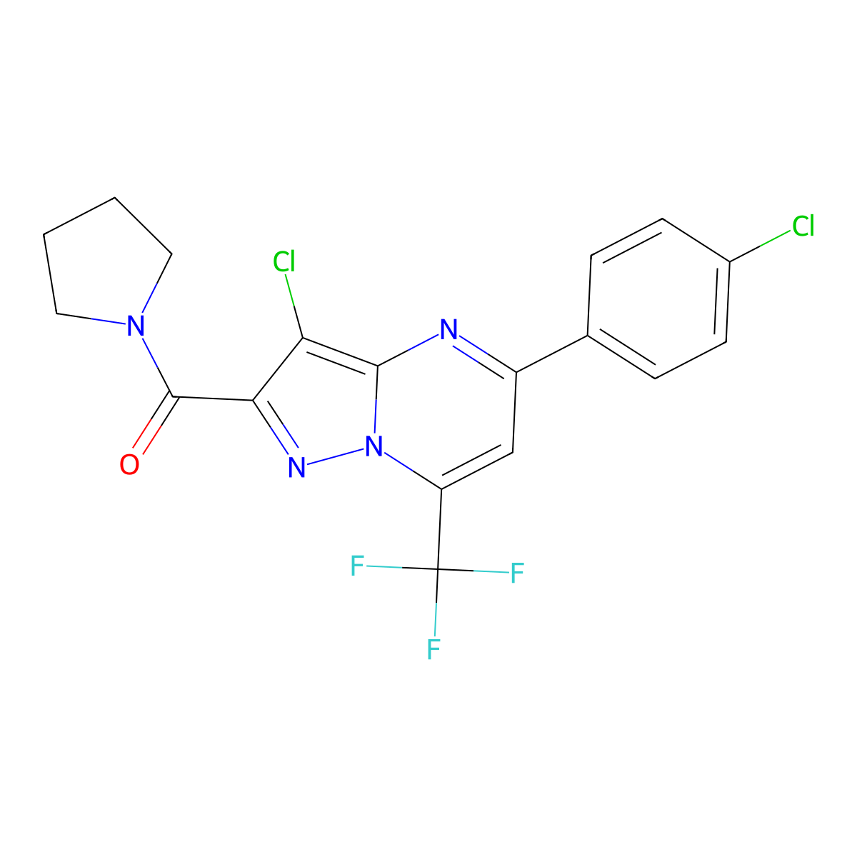 [3-Chloro-5-(4-chlorophenyl)-7-(trifluoromethyl)pyrazolo[1,5-a]pyrimidin-2-yl]-pyrrolidin-1-ylmethanone molecular structure, CAS 313396-25-7