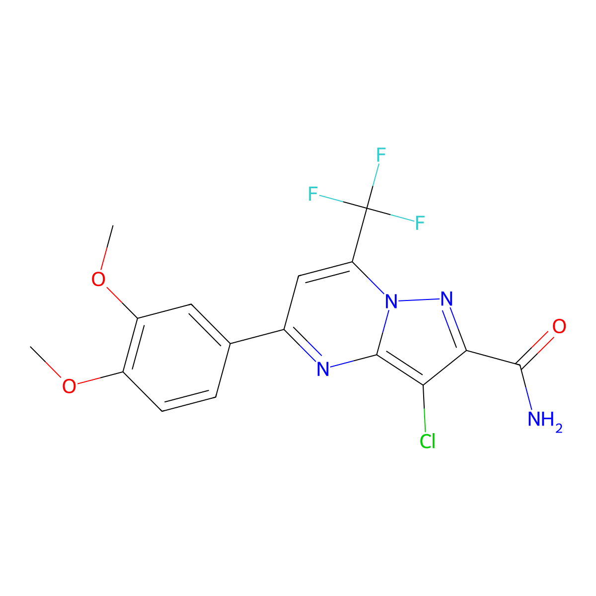 3-Chloro-5-(3,4-dimethoxyphenyl)-7-(trifluoromethyl)pyrazolo[1,5-a]pyrimidine-2-carboxamide molecular structure, CAS 313396-38-2