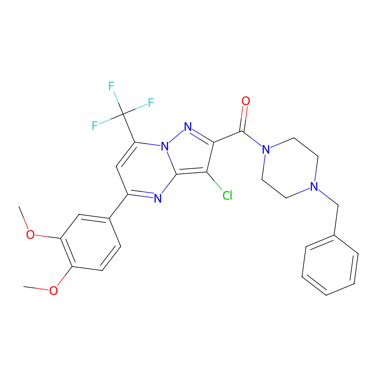 (4-Benzylpiperazin-1-yl)-[3-chloro-5-(3,4-dimethoxyphenyl)-7-(trifluoromethyl)pyrazolo[1,5-a]pyrimidin-2-yl]methanone molecular structure, CAS 313396-58-6
