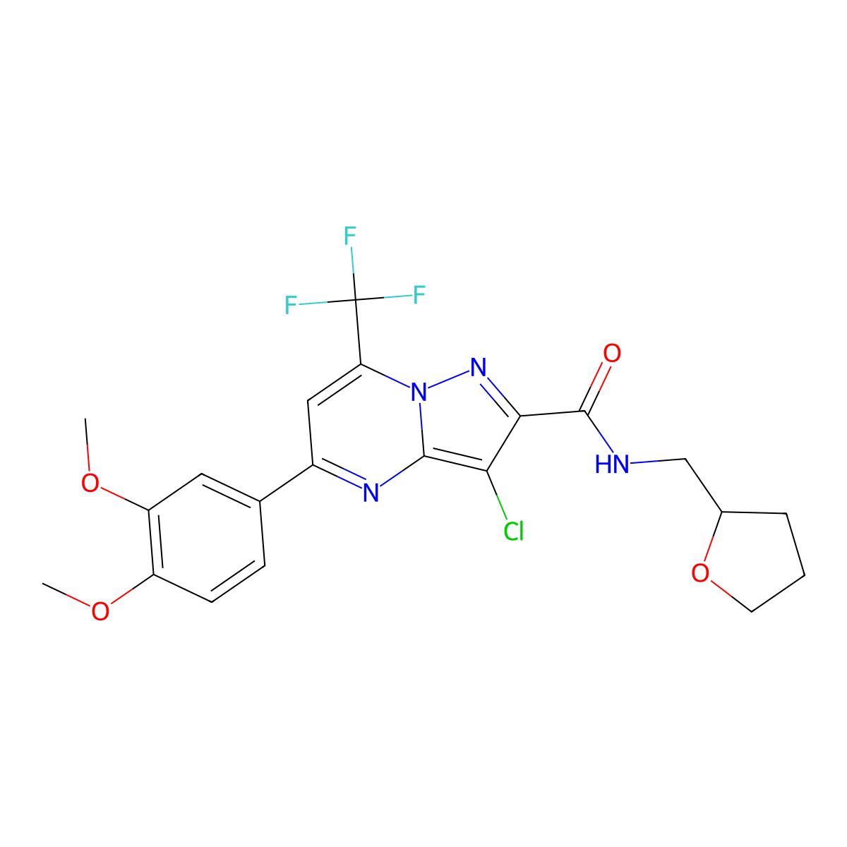 3-chloro-5-(3,4-dimethoxyphenyl)-N-(tetrahydrofuran-2-ylmethyl)-7-(trifluoromethyl)pyrazolo[1,5-a]pyrimidine-2-carboxamide molecular structure, CAS 313396-74-6