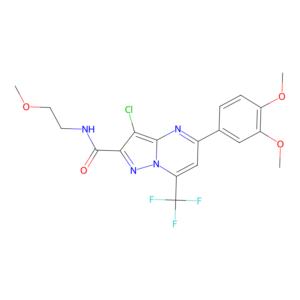3-chloro-5-(3,4-dimethoxyphenyl)-N-(2-methoxyethyl)-7-(trifluoromethyl)pyrazolo[1,5-a]pyrimidine-2-carboxamide molecular structure, CAS 313396-79-1