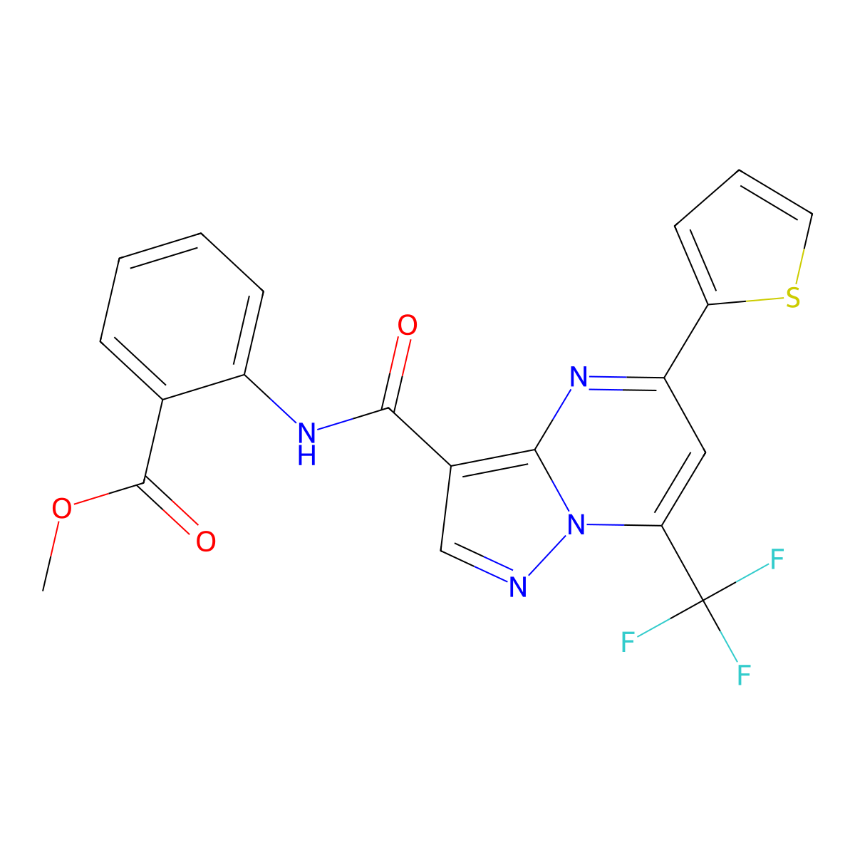 Methyl 2-({[5-(thiophen-2-yl)-7-(trifluoromethyl)pyrazolo[1,5-a]pyrimidin-3-yl]carbonyl}amino)benzoate molecular structure, CAS 313397-07-8