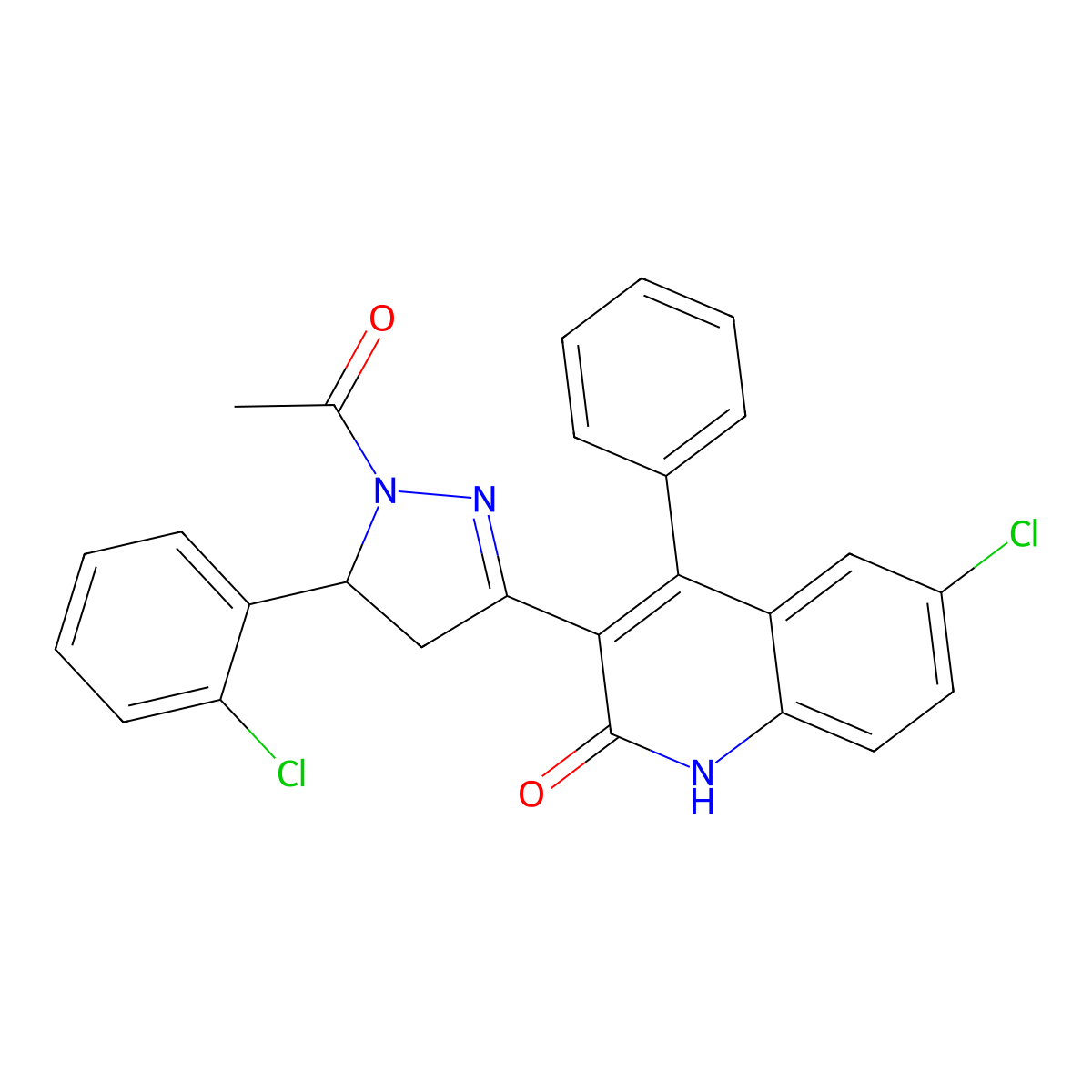 3-(1-acetyl-5-(2-chlorophenyl)-4,5-dihydro-1H-pyrazol-3-yl)-6-chloro-4-phenylquinolin-2(1H)-one molecular structure, CAS 313398-80-0