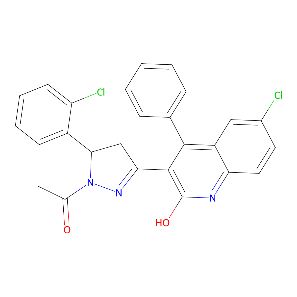 3-(1-acetyl-5-(2-chlorophenyl)-4,5-dihydro-1H-pyrazol-3-yl)-6-chloro-4-phenylquinolin-2(1H)-one molecular structure, CAS 313398-80-0