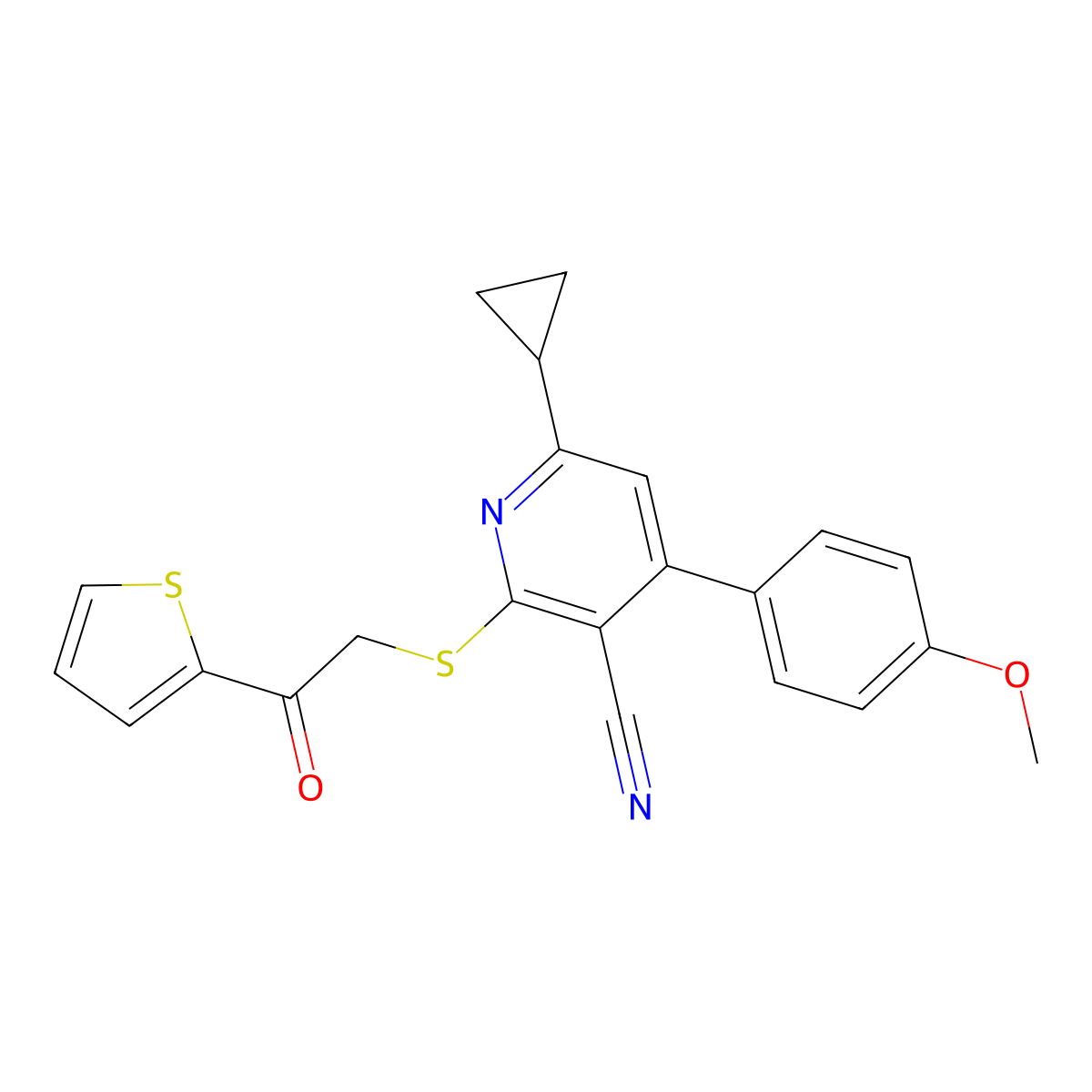 6-Cyclopropyl-4-(4-methoxyphenyl)-2-((2-oxo-2-(thiophen-2-yl)ethyl)thio)nicotinonitrile molecular structure, CAS 313402-77-6