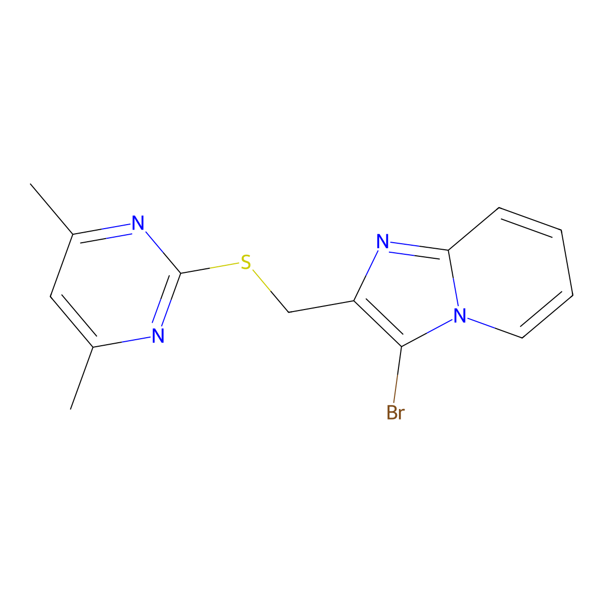 3-Bromo-2-(((4,6-dimethylpyrimidin-2-yl)thio)methyl)imidazo[1,2-a]pyridine molecular structure, CAS 313403-98-4